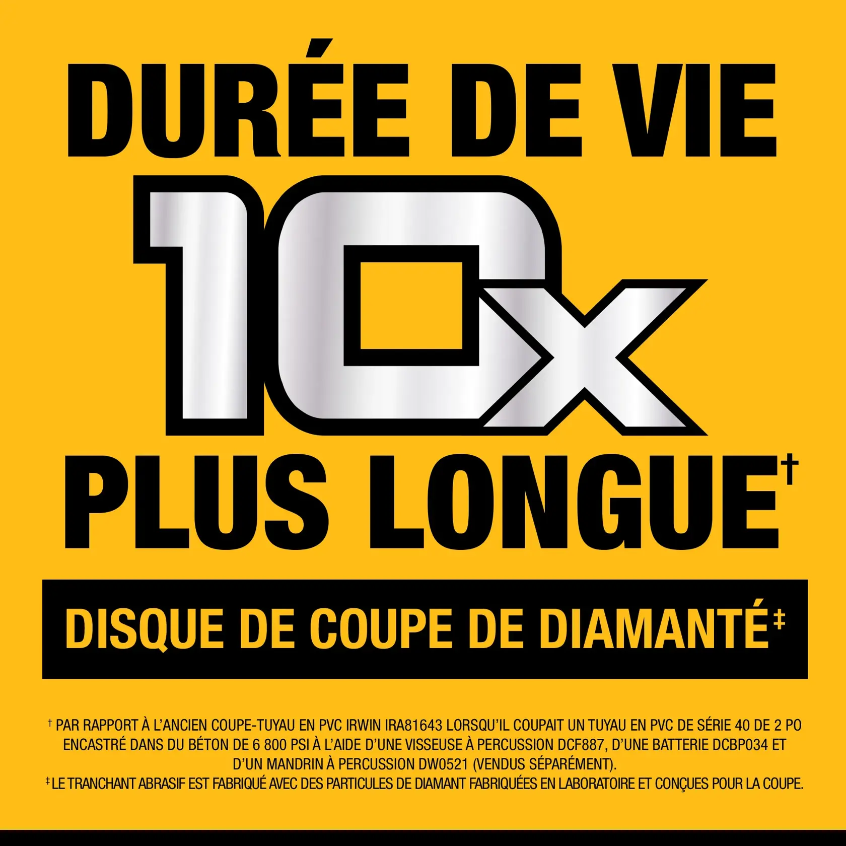 Promotional graphic for DEWALT featuring the text '10x Longer Life' and 'Diamond Grit Cutting Wheel' on a yellow background. Additional text notes comparison with legacy tools and mentions the use of lab-made diamond particles for cutting.