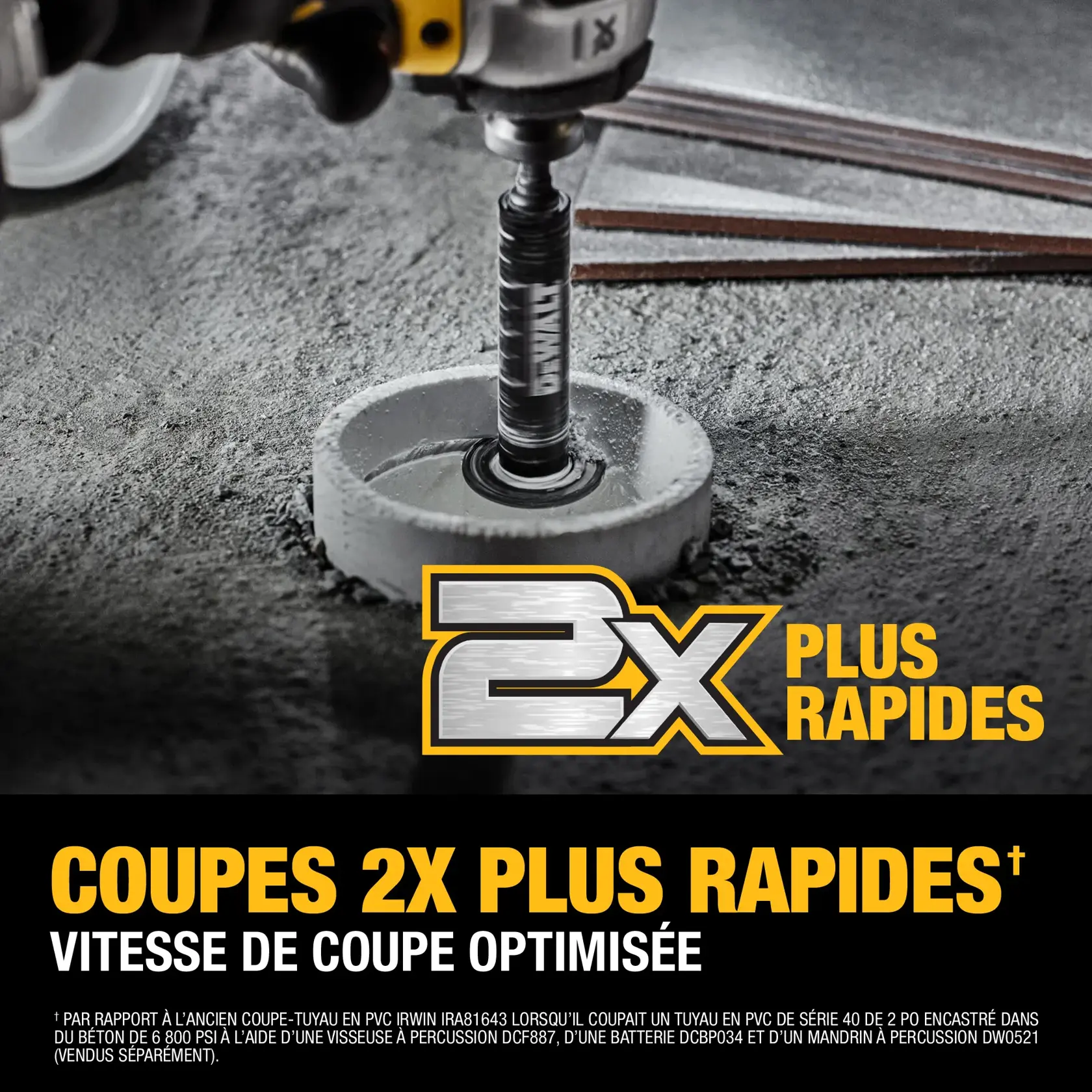 A DEWALT branded impact driver is shown cutting through concrete with a cylindrical tool. The image highlights '2X FASTER CUTS' in bold text, promoting maximized cutting speed potential.