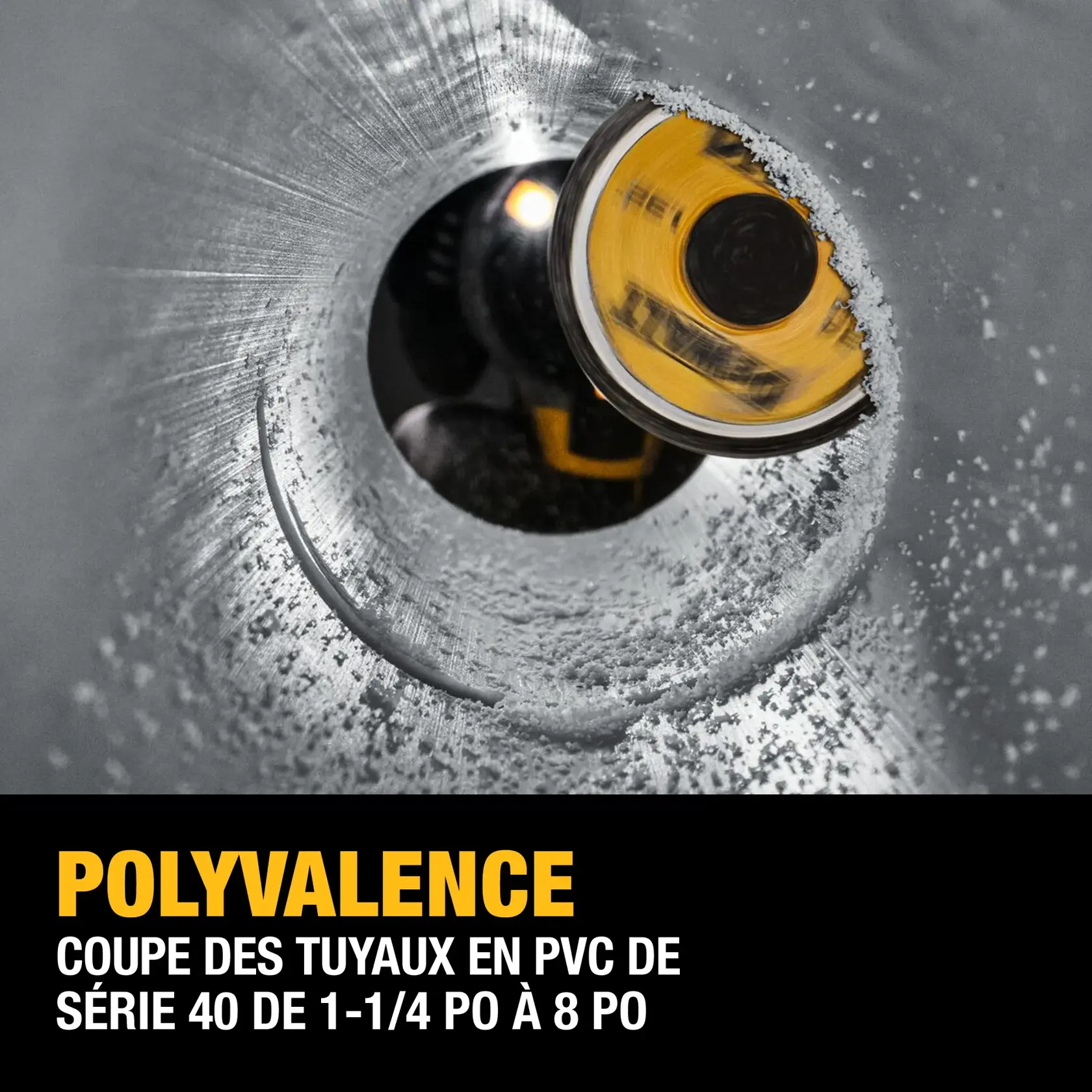 Close-up image of a DEWALT cutting tool in action, cutting through a PVC pipe. Text overlay says 'Versatile Performance: Cut 1-1/4 in. to 8 in. Schedule 40 PVC Pipe.'