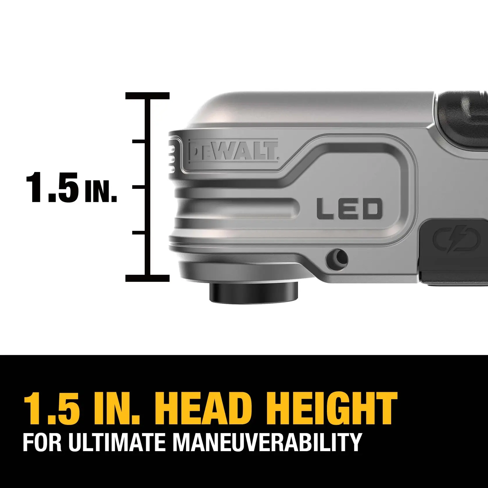 Close-up of a DEWALT tool head showing a head height of 1.5 inches, with LED indicator and text stating '1.5 IN. HEAD HEIGHT FOR ULTIMATE MANEUVERABILITY.'