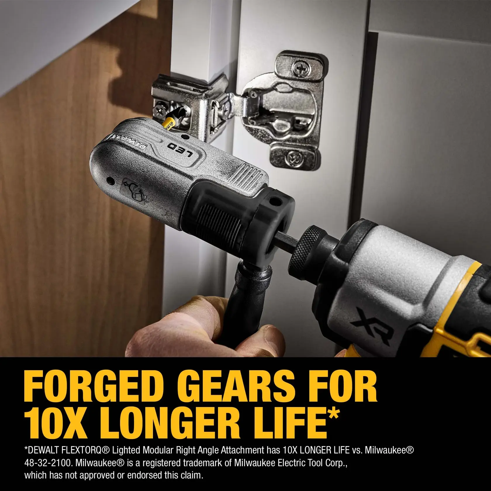 A DEWALT FLEXTORQ® Lighted Modular Right Angle Attachment being used with a power tool to screw a hinge onto a cabinet door. Bold text on the image reads 'Forged gears for 10X longer life'.