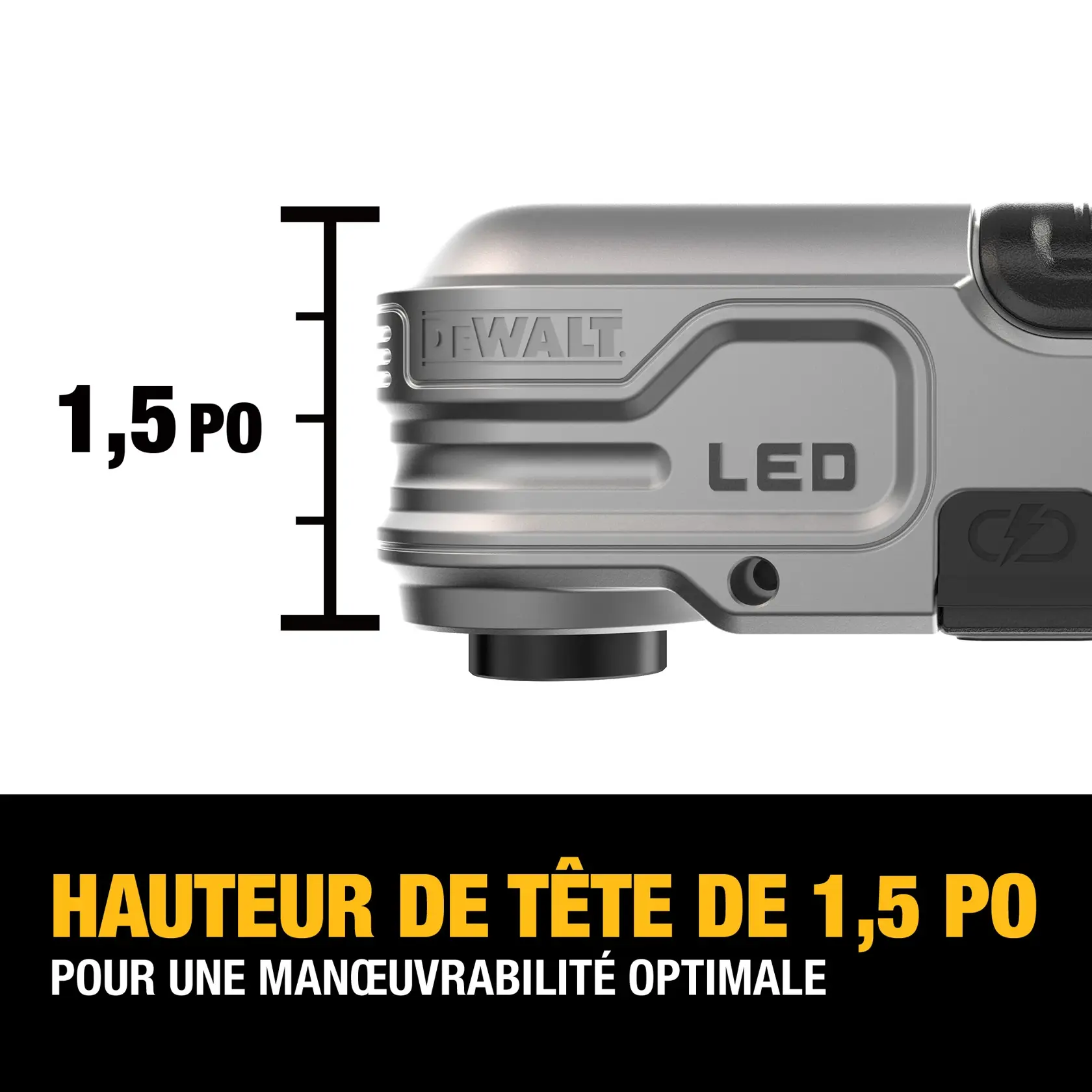 Close-up of a DEWALT tool head showing a head height of 1.5 inches, with LED indicator and text stating '1.5 IN. HEAD HEIGHT FOR ULTIMATE MANEUVERABILITY.'