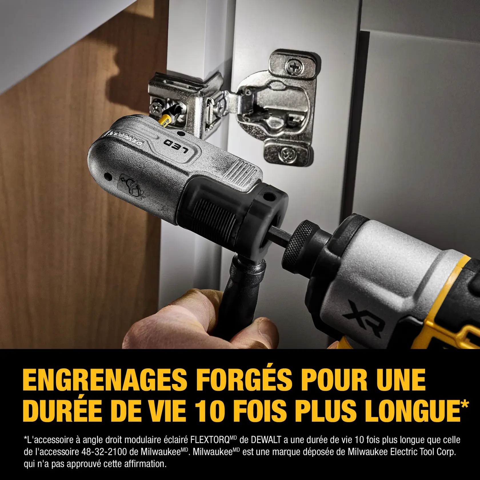 A DEWALT FLEXTORQ® Lighted Modular Right Angle Attachment being used with a power tool to screw a hinge onto a cabinet door. Bold text on the image reads 'Forged gears for 10X longer life'.