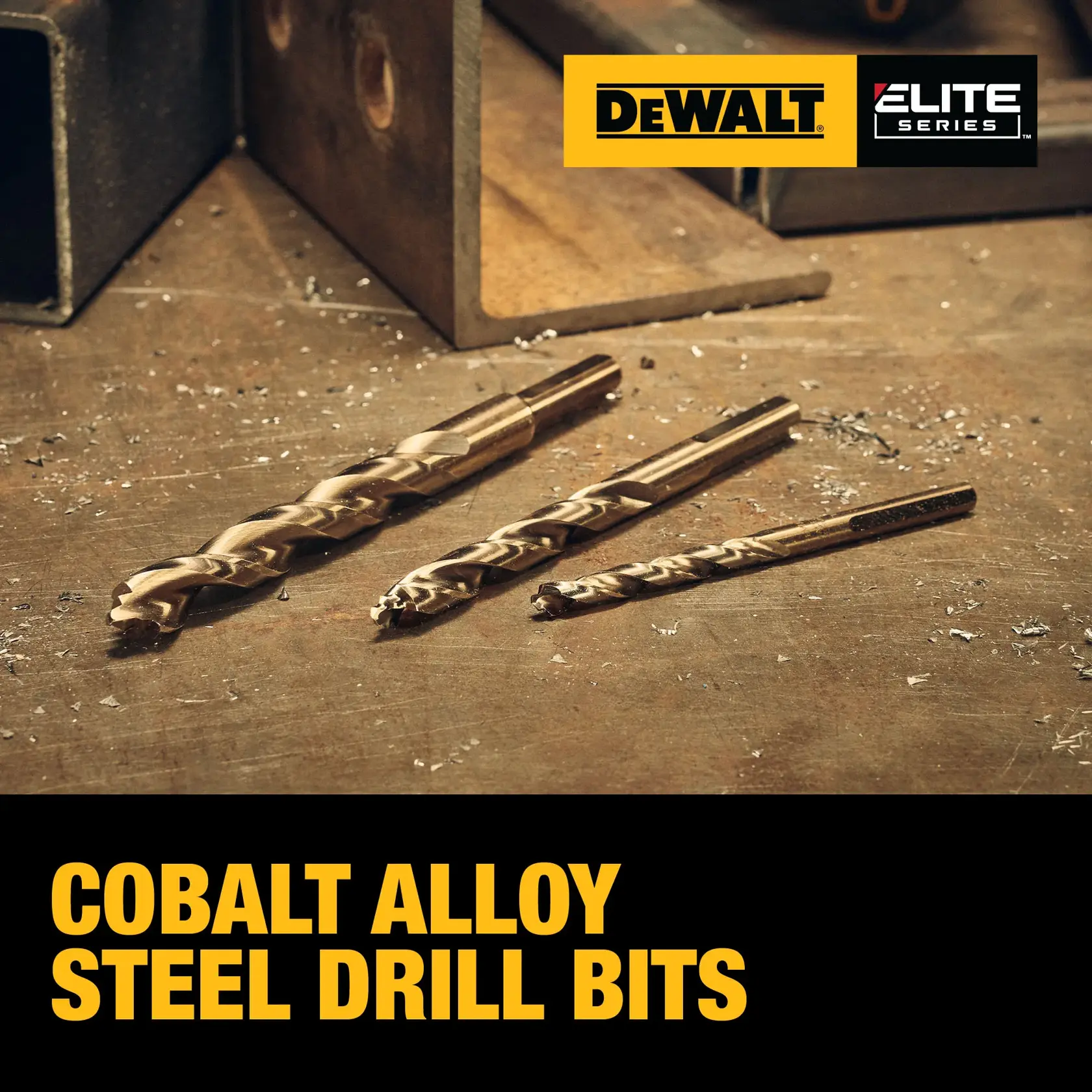 Three DEWALT Elite Series cobalt alloy steel drill bits displayed on a metal workbench, surrounded by metal shavings. The DEWALT and Elite Series logos are shown at the top. The text 'COBALT ALLOY STEEL DRILL BITS' is prominently written in yellow at the bottom.