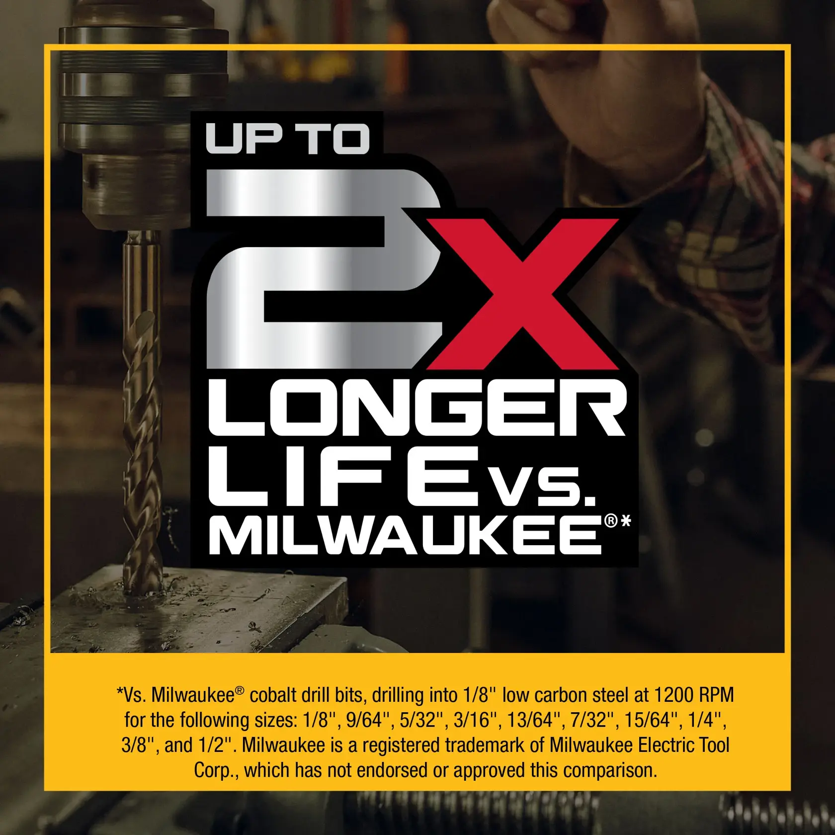 A DEWALT cobalt drill bit is shown mounted in a drill press, drilling into a metal surface. The image features a large promotional graphic stating 'Up to 2x Longer Life vs. Milwaukee' in bold text. There is a disclaimer at the bottom mentioning details of the comparison with Milwaukee cobalt drill bits on various sizes and noting Milwaukee's trademark and lack of endorsement.