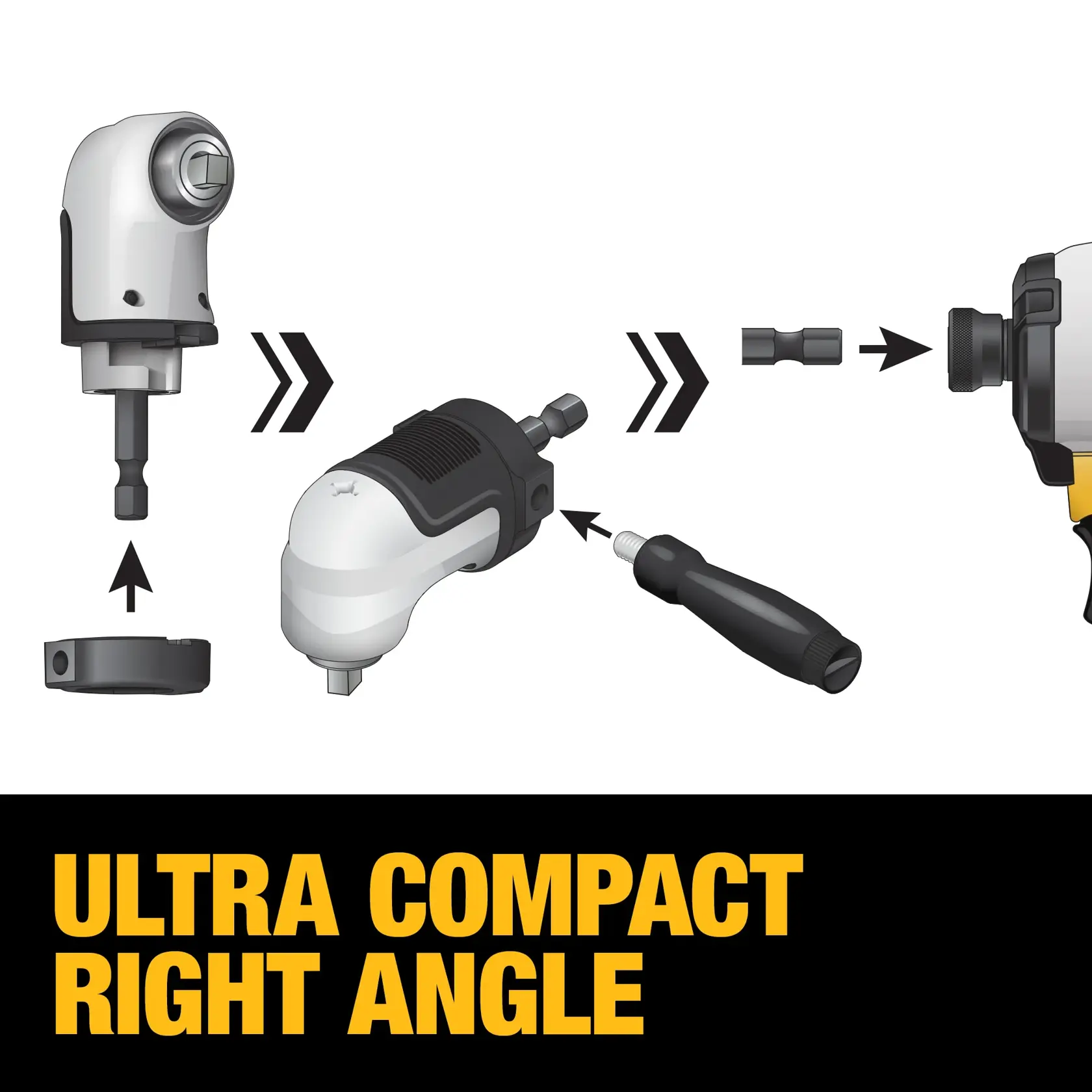 Illustration showing the assembly and use of a DEWALT ultra compact right angle drill adapter. The image displays the components, including the right angle adapter, a removable ring, a handle, and how to connect the adapter to a drill. The text 'ULTRA COMPACT RIGHT ANGLE' is shown in bold yellow letters.