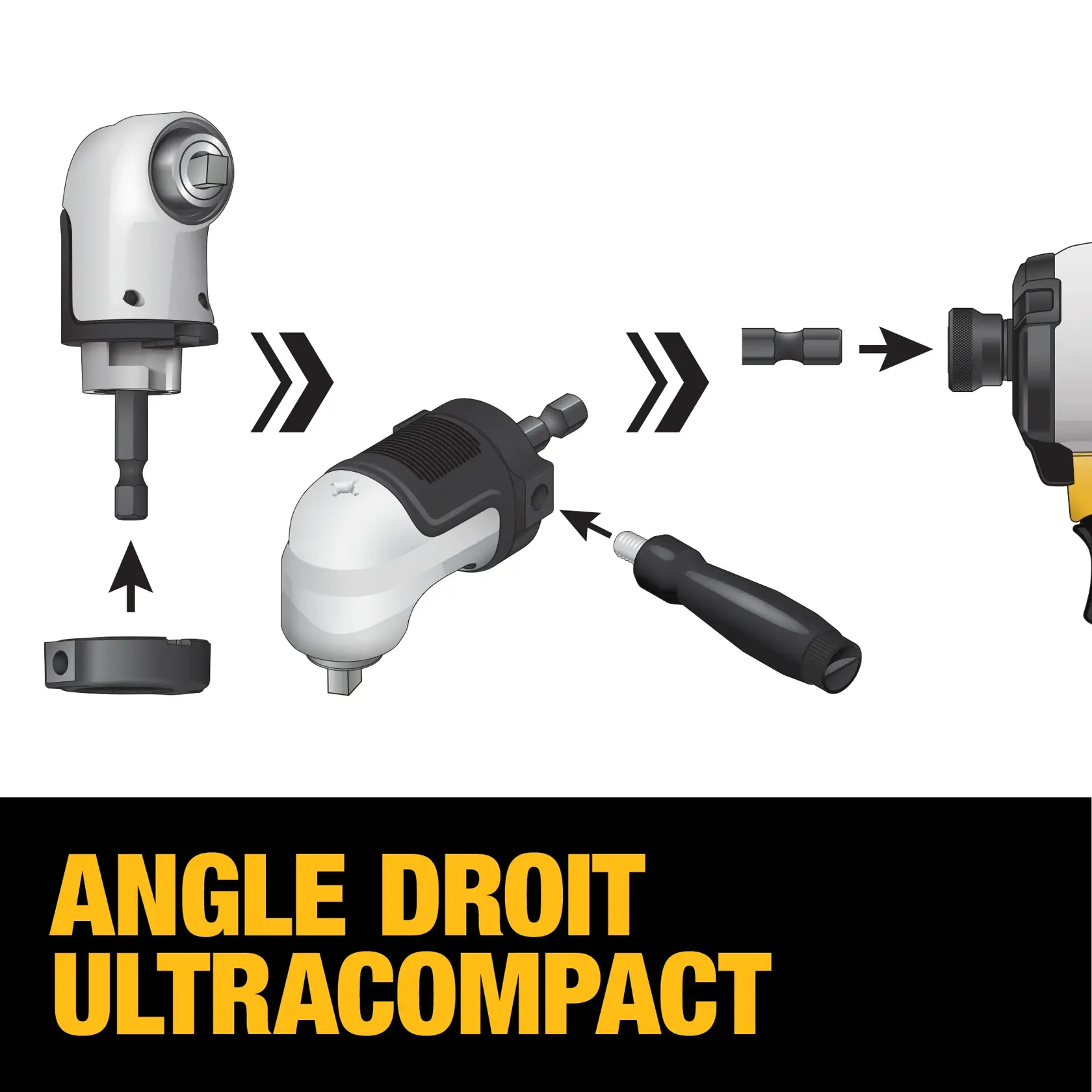 Illustration showing the assembly and use of a DEWALT ultra compact right angle drill adapter. The image displays the components, including the right angle adapter, a removable ring, a handle, and how to connect the adapter to a drill. The text 'ULTRA COMPACT RIGHT ANGLE' is shown in bold yellow letters.