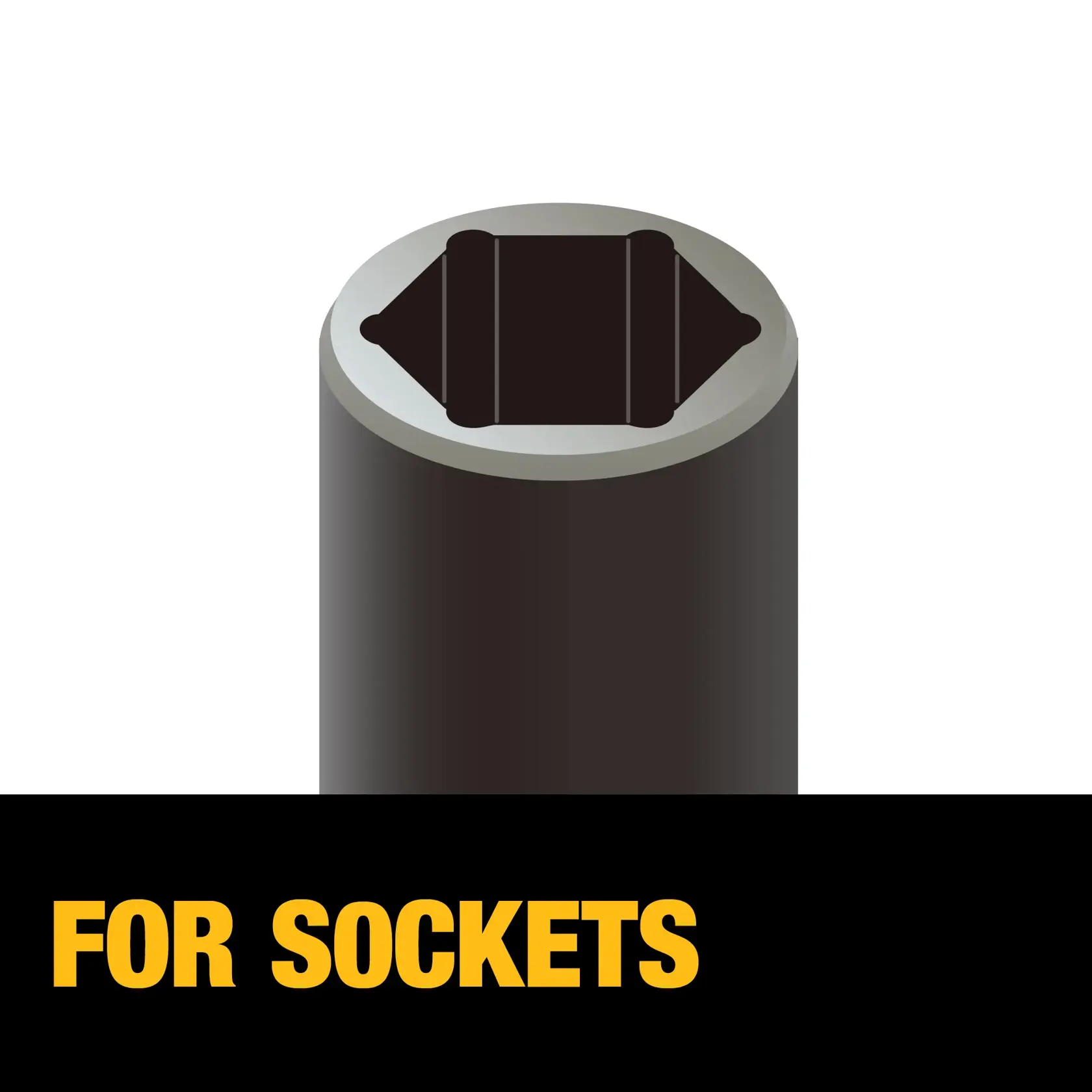 Illustration showing the end of a socket drive, with the words 'FOR SOCKETS' written in bold yellow letters on a black background below.