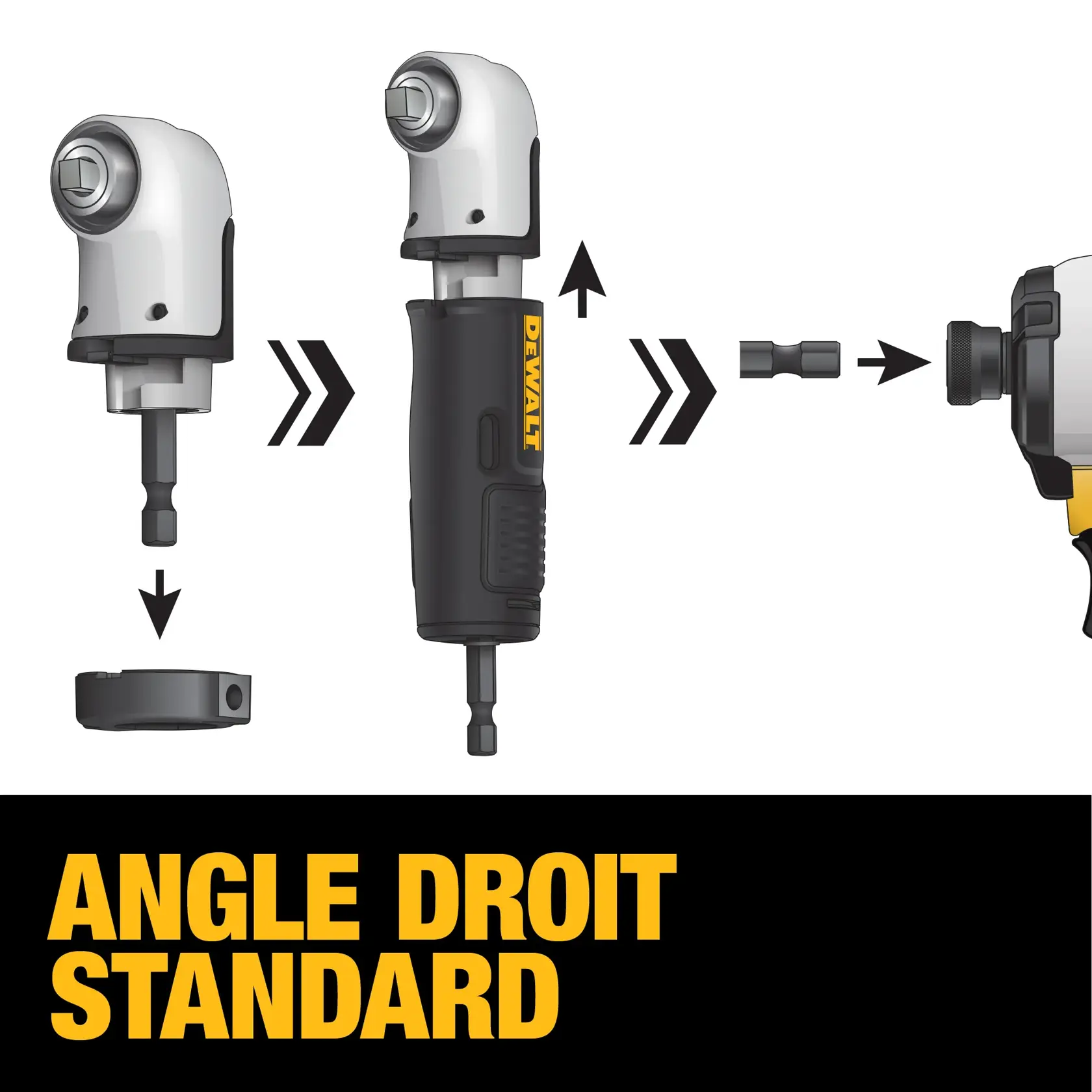 Illustration of a DEWALT standard right angle drill attachment, showing the assembly process and connection to a power tool. The product is branded with the DEWALT logo and is intended for tight space drilling or driving. Text at the bottom reads 'Standard Right Angle' in yellow on black.