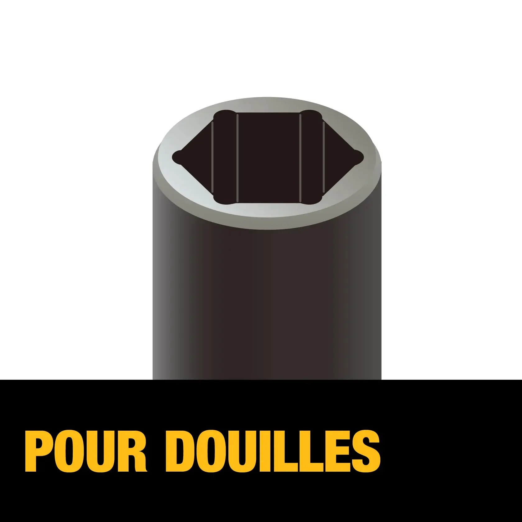Illustration showing the end of a socket drive, with the words 'FOR SOCKETS' written in bold yellow letters on a black background below.