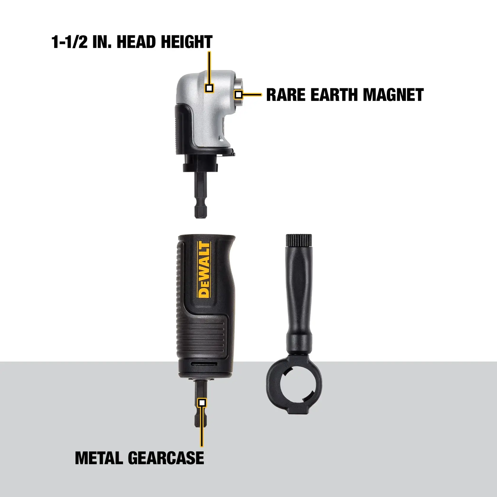 DEWALT right angle drill adapter kit shown disassembled, highlighting features such as a 1-1/2 inch head height, a rare earth magnet near the bit holder, a metal gearcase, and a removable handle.