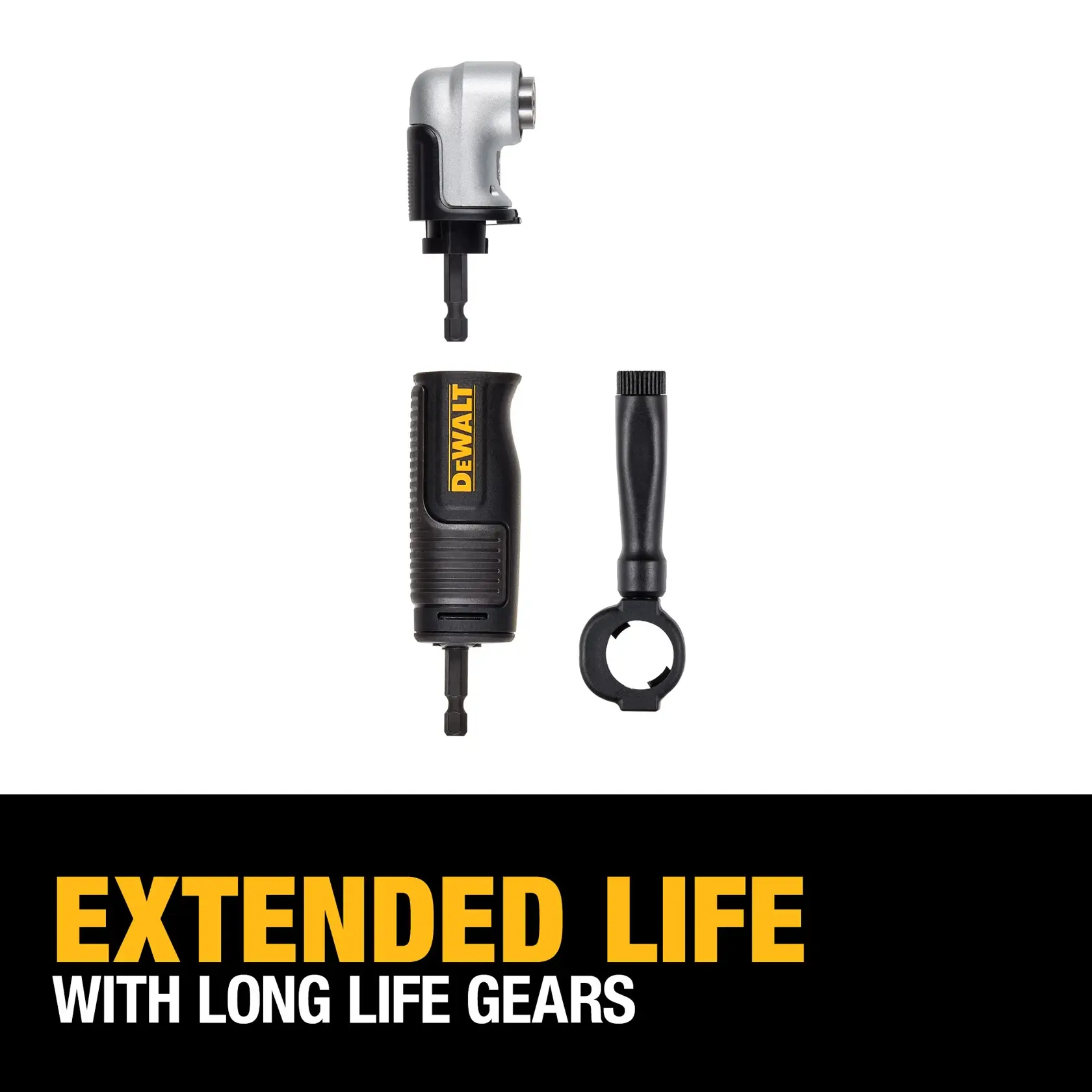 Image of DEWALT DWAMRAFT right angle attachment kit with three components displayed above bold text that reads 'EXTENDED LIFE with long life gears'.