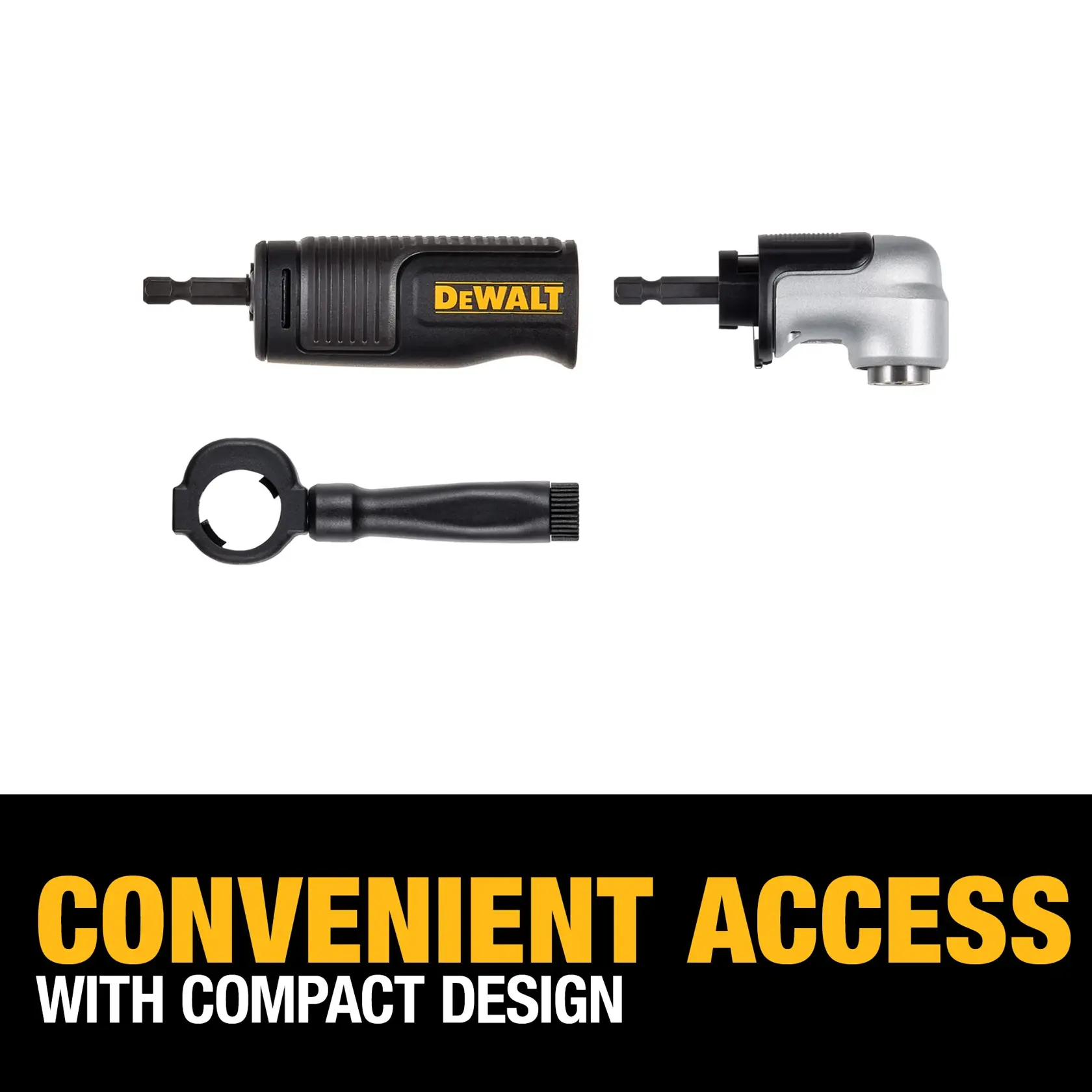 DEWALT right angle and flexible shaft drill attachment kit with three components displayed above the text 'Convenient Access with Compact Design' on a black background.