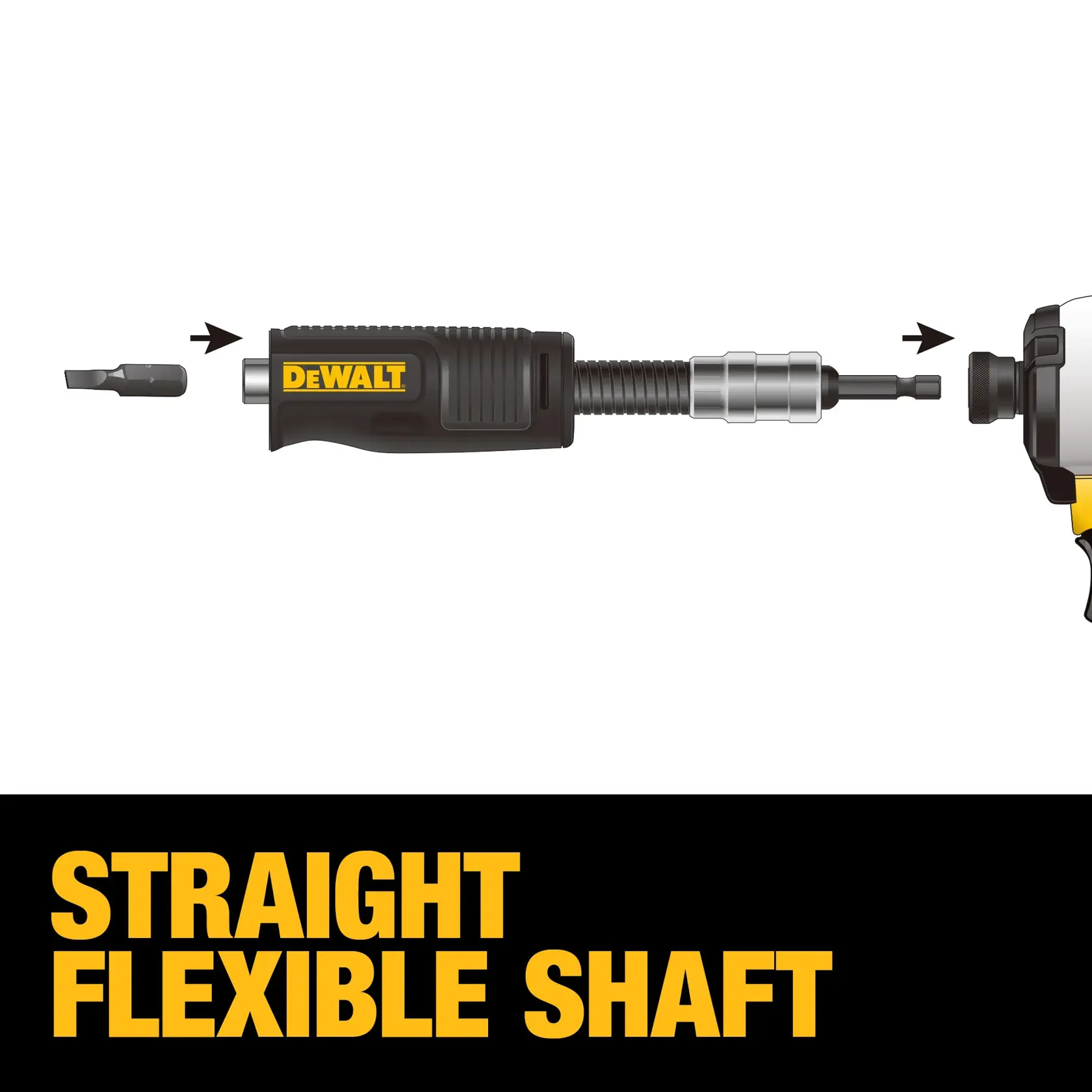 Illustration of a DEWALT straight flexible shaft attachment for power tools, showing how the shaft connects to a drill and accepts a bit. The text 'STRAIGHT FLEXIBLE SHAFT' is prominently displayed at the bottom.