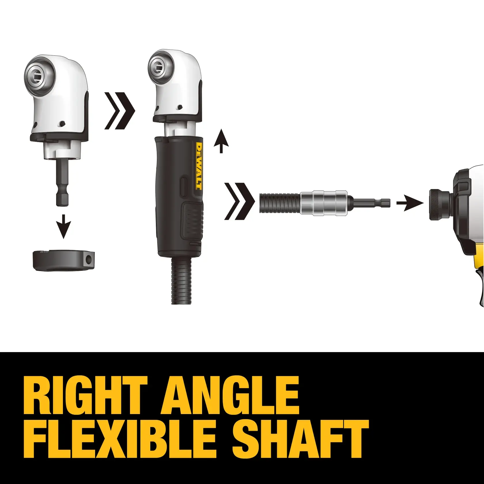 Diagram showing the DEWALT right angle flexible shaft attachment and its components, demonstrating how to assemble and connect the flexible shaft to a compatible drill or driver tool.