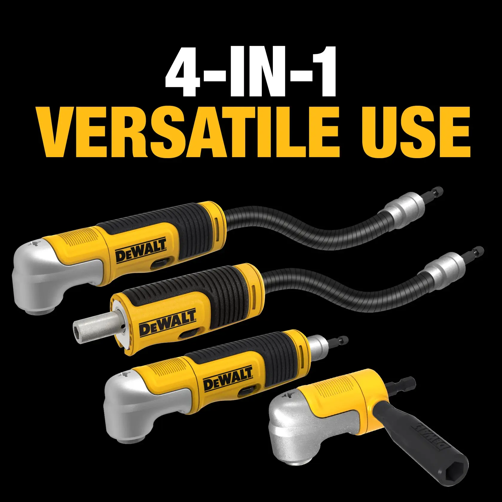 Four DEWALT branded screwdriver attachments are displayed against a black background. The text above reads '4-IN-1 VERSATILE USE' and shows the flexibility and multifunctionality of the tool set.