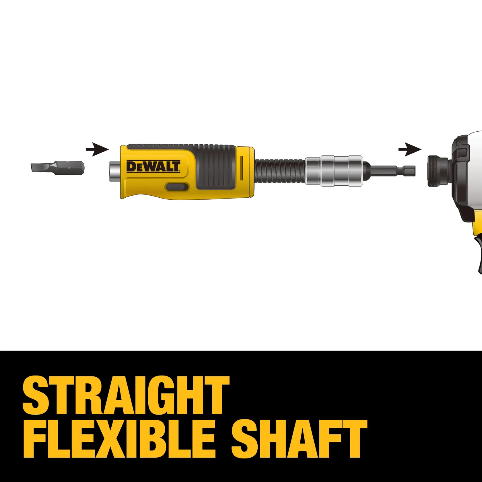 Illustration of a DEWALT straight flexible shaft tool showing how a bit is inserted into the shaft and how the shaft connects to a power drill. Bold yellow and black text reads 'STRAIGHT FLEXIBLE SHAFT' at the bottom.
