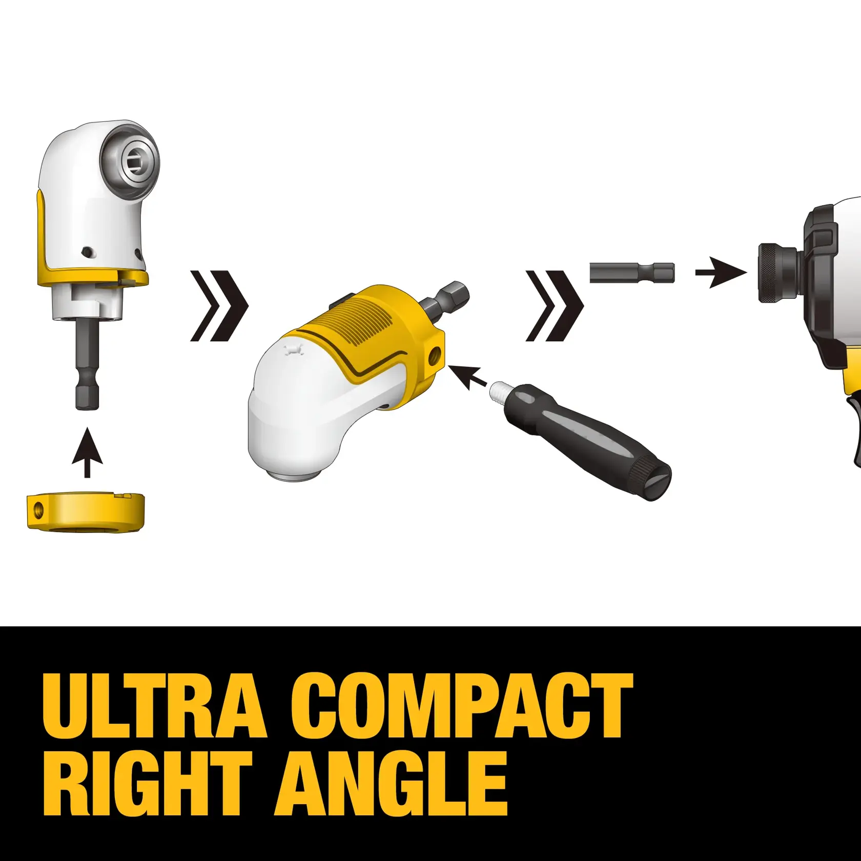 Instructional graphic showing the assembly and use of an ultra compact right angle attachment tool. The image illustrates how to attach various components together, ending with use on a power tool. Bold text at the bottom reads 'Ultra Compact Right Angle.'