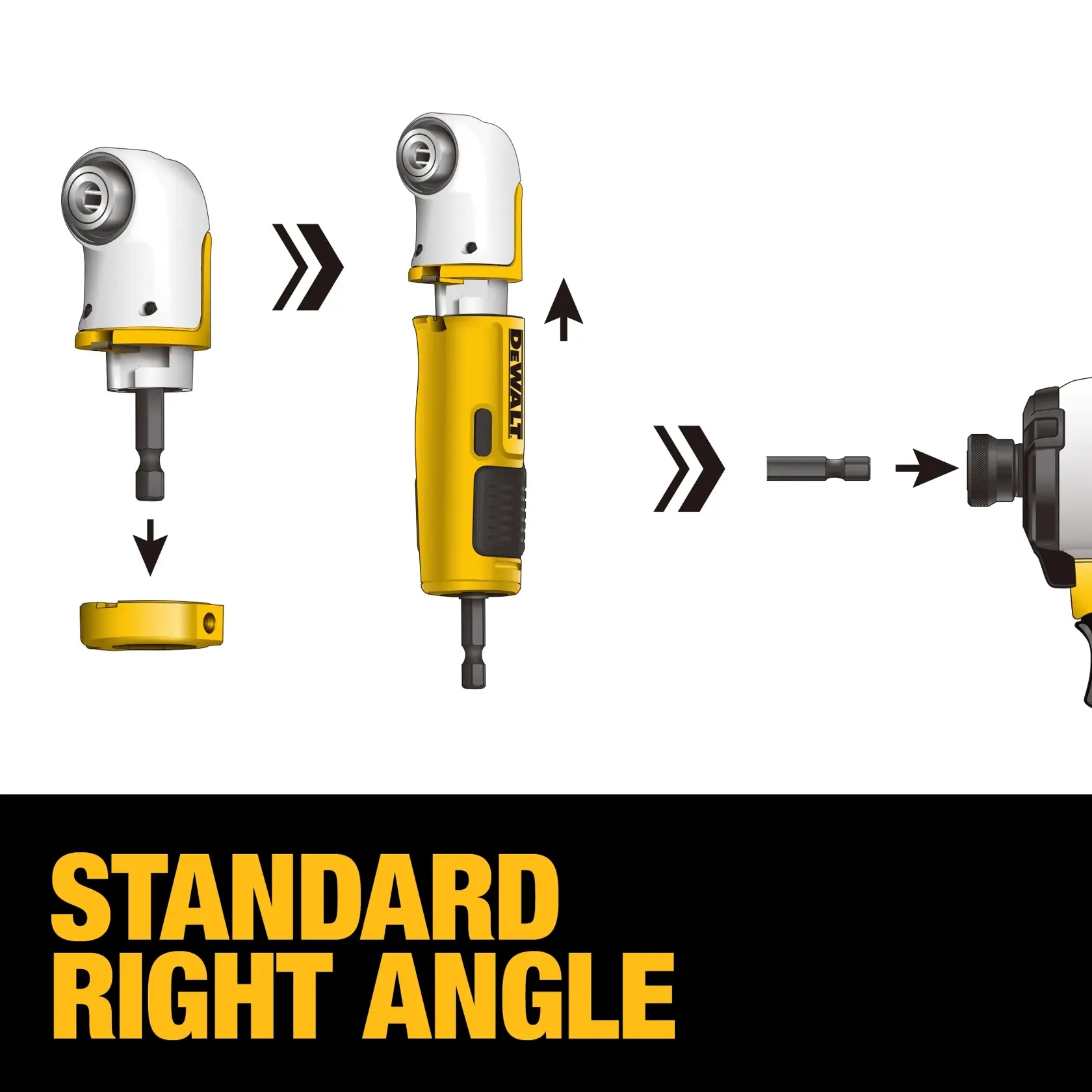 Illustration showing the assembly and usage of a DEWALT standard right angle drill attachment. The image displays the components, how to attach them together, and how to insert the attachment into a drill. The text 'STANDARD RIGHT ANGLE' is prominently displayed at the bottom.