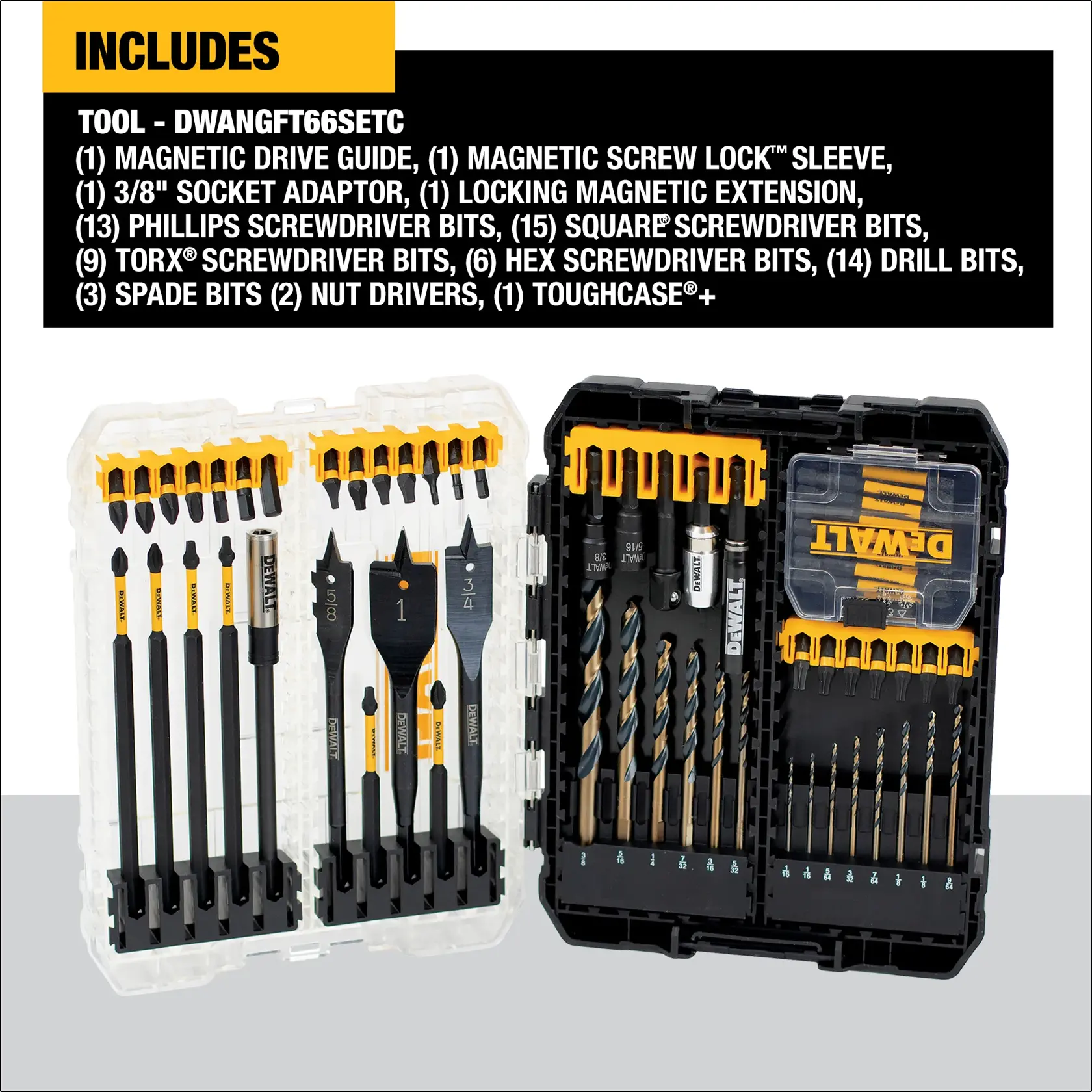 DEWALT DWANGFT66SETC tool and bit set in an open plastic case, containing various screwdriver bits, spade bits, drill bits, nut drivers, a socket adaptor, magnetic drive guide, screw lock sleeve, locking magnetic extension, and a ToughCase+ storage box. The contents are arranged neatly in compartments.