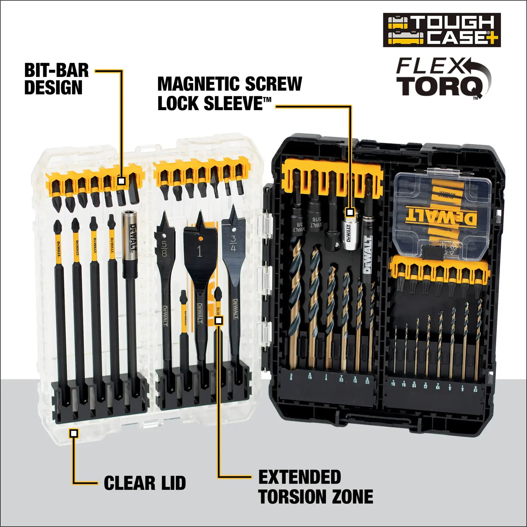 DEWALT Tough Case+ FlexTorq drill bit and spade bit set with black and yellow bits in a clear and black storage case. The case highlights features including bit-bar design, magnetic screw lock sleeve, clear lid, and extended torsion zone.
