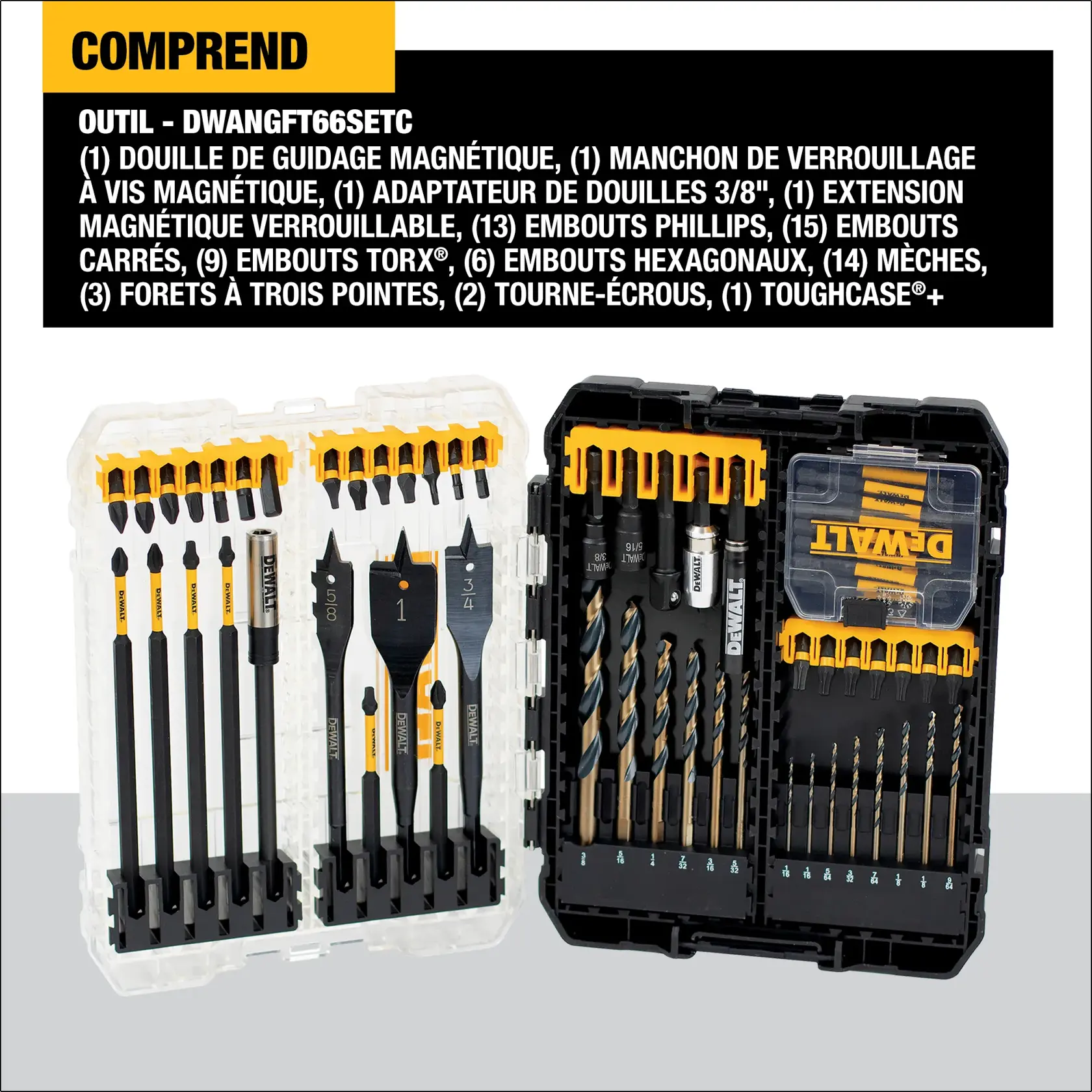 DEWALT DWANGFT66SETC tool and bit set in an open plastic case, containing various screwdriver bits, spade bits, drill bits, nut drivers, a socket adaptor, magnetic drive guide, screw lock sleeve, locking magnetic extension, and a ToughCase+ storage box. The contents are arranged neatly in compartments.