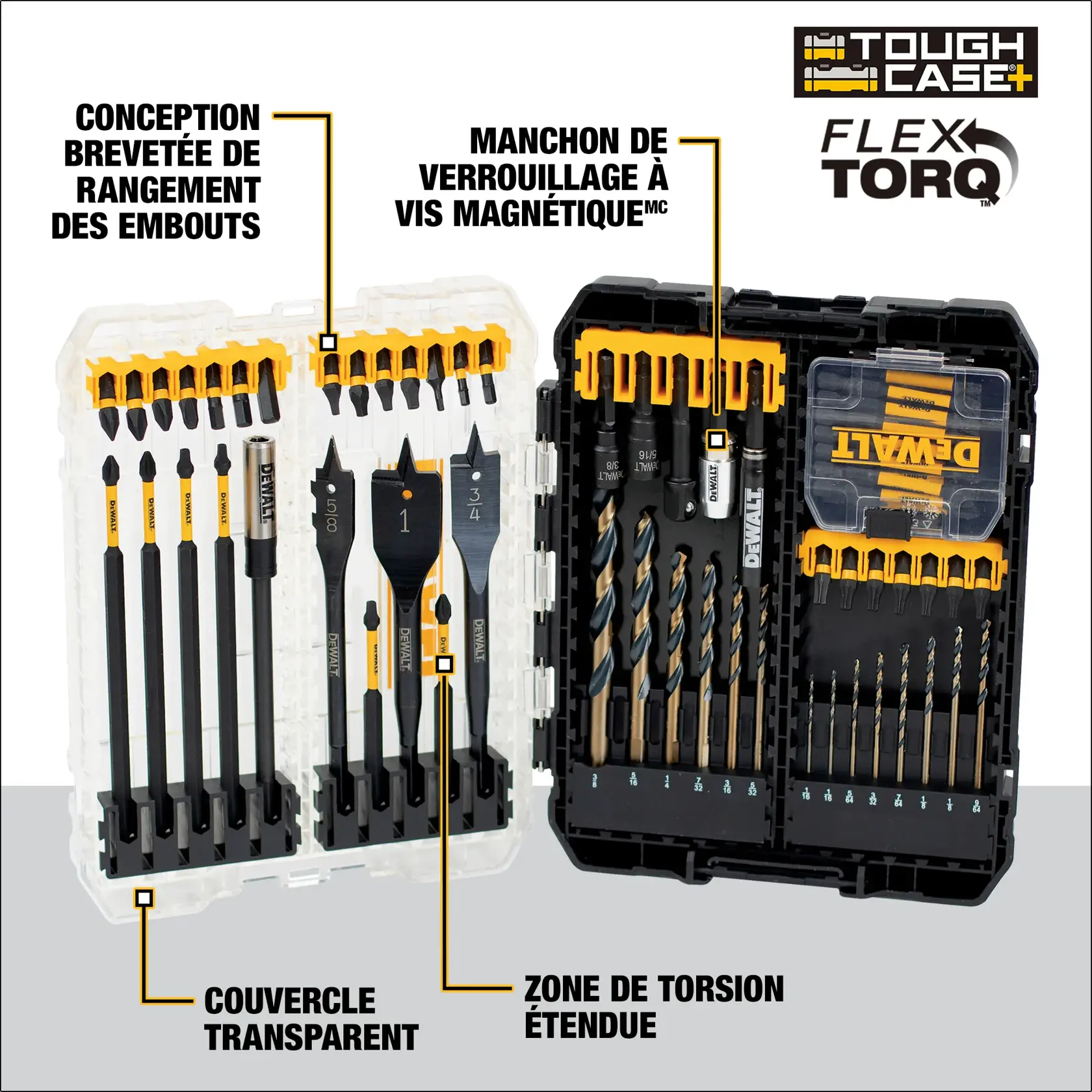 DEWALT Tough Case+ FlexTorq drill bit and spade bit set with black and yellow bits in a clear and black storage case. The case highlights features including bit-bar design, magnetic screw lock sleeve, clear lid, and extended torsion zone.