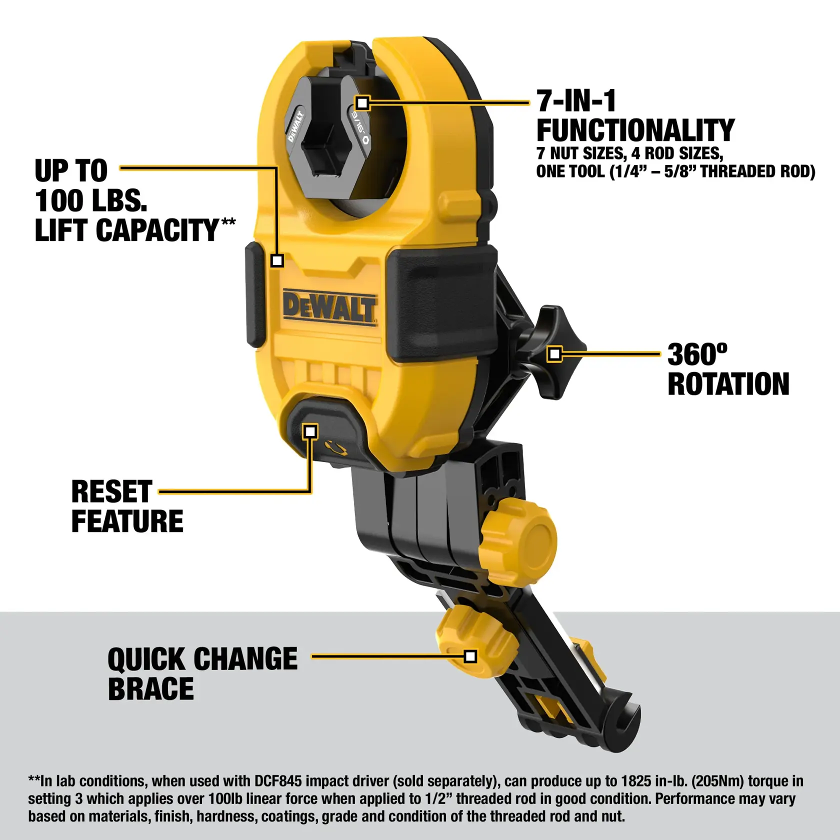DEWALT tool featuring yellow and black design with multiple labeled features: 7-in-1 functionality for nut and rod sizes, up to 100 lbs. lift capacity, 360-degree rotation, reset feature, and quick change brace.