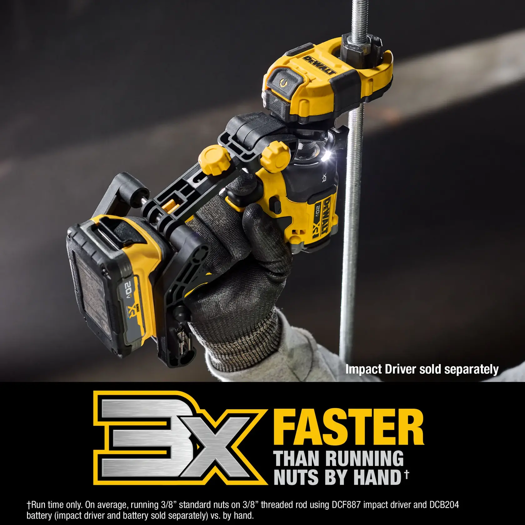 A DEWALT power tool accessory being used with a DEWALT impact driver to run a nut down a threaded rod. The user is wearing gloves, and the image highlights that the impact driver is sold separately. Text indicates the accessory is three times faster than running nuts by hand.