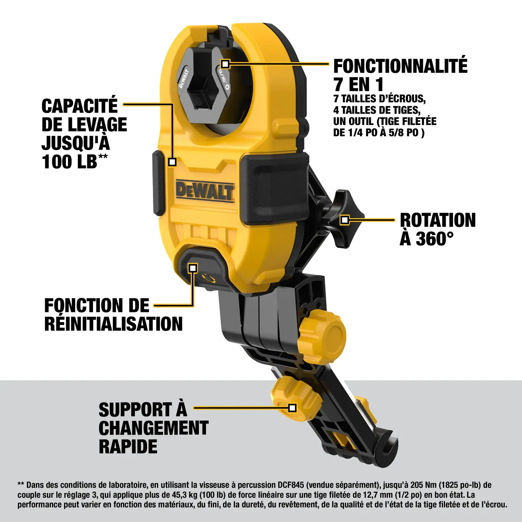 DEWALT tool featuring yellow and black design with multiple labeled features: 7-in-1 functionality for nut and rod sizes, up to 100 lbs. lift capacity, 360-degree rotation, reset feature, and quick change brace.