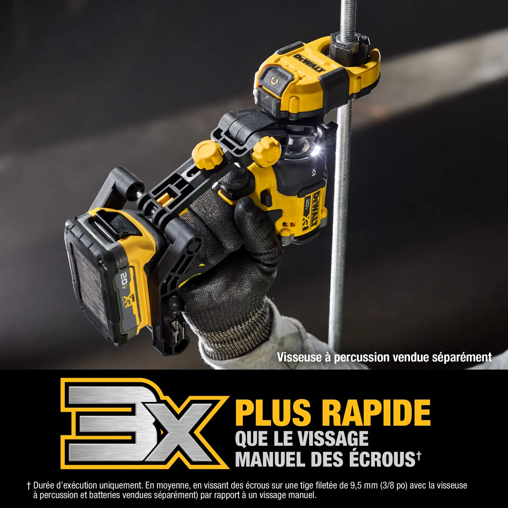 A DEWALT power tool accessory being used with a DEWALT impact driver to run a nut down a threaded rod. The user is wearing gloves, and the image highlights that the impact driver is sold separately. Text indicates the accessory is three times faster than running nuts by hand.