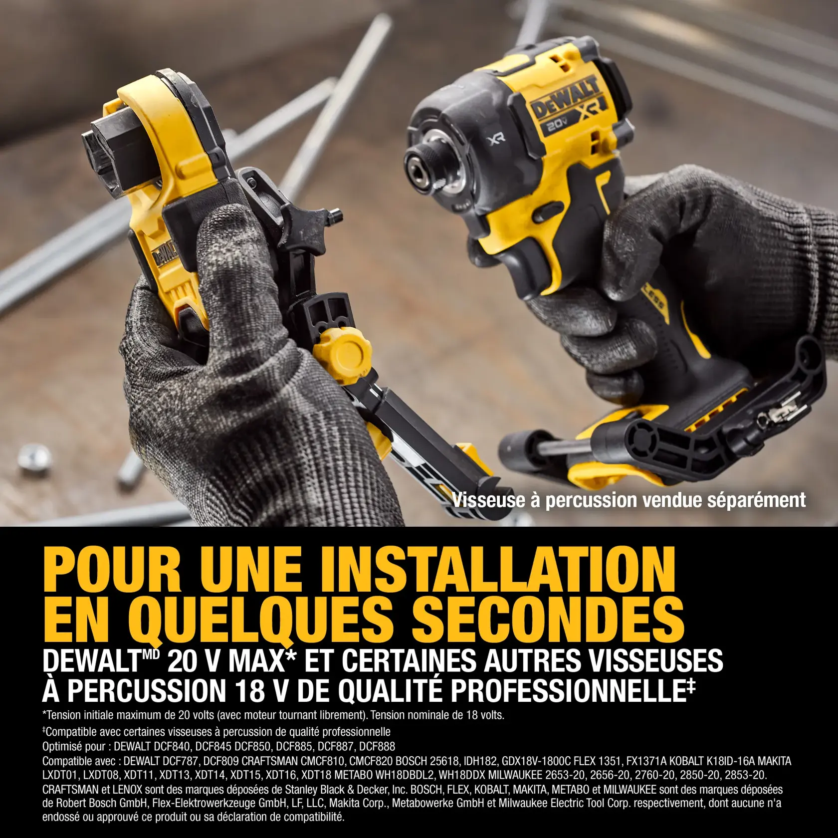 A close-up image shows gloved hands holding a DEWALT 20V MAX impact driver and an attachment, demonstrating how the attachment connects to the tool. The background features a workbench with metal rods. Text at the bottom highlights compatibility with DEWALT 20V MAX and select pro-grade 18V impact drivers, emphasizing easy connection.