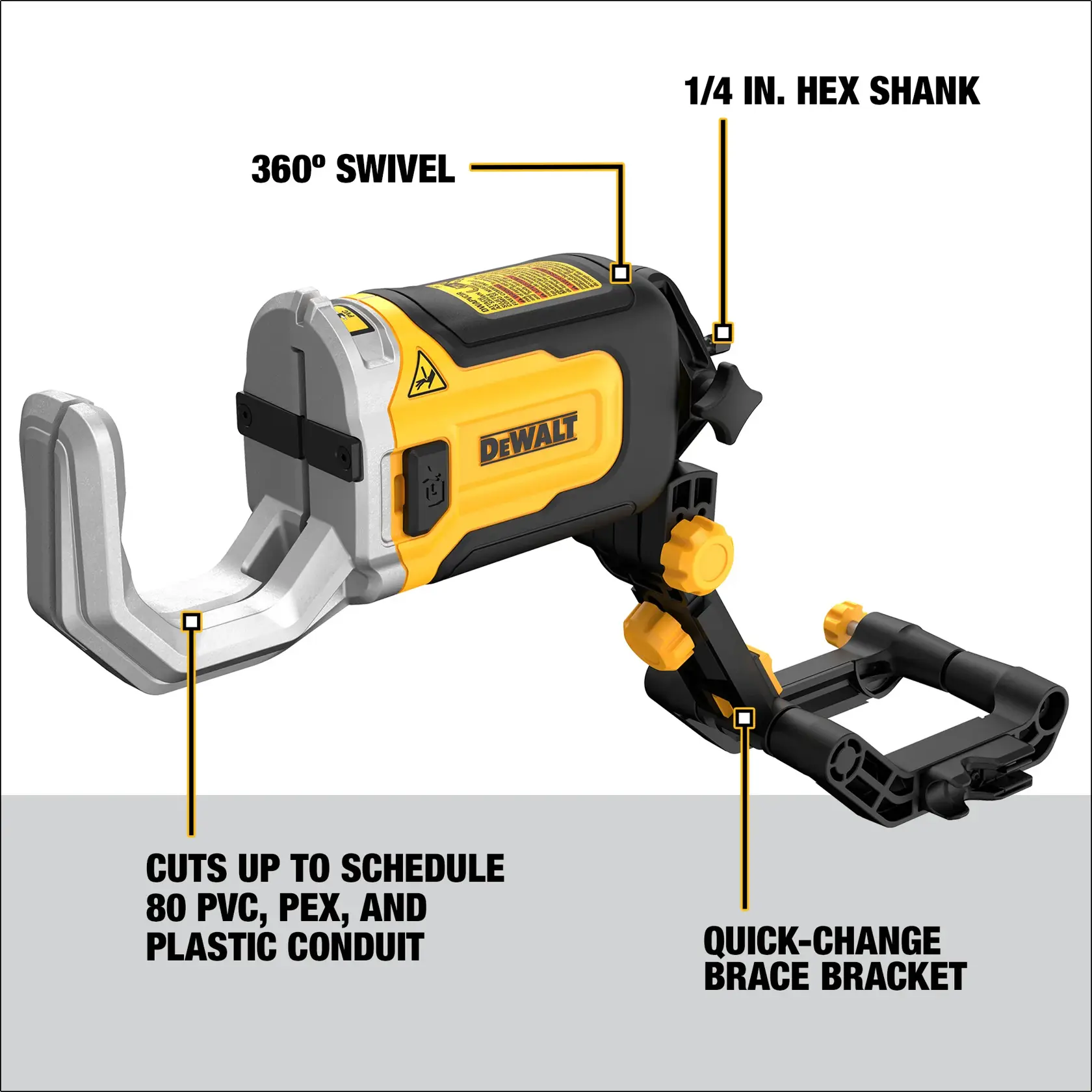 A DEWALT tool featuring a 1/4 inch hex shank, 360-degree swivel, quick-change brace bracket, and a cutting head designed to cut up to schedule 80 PVC, PEX, and plastic conduit. The tool is black and yellow in color and labeled with the DEWALT logo.