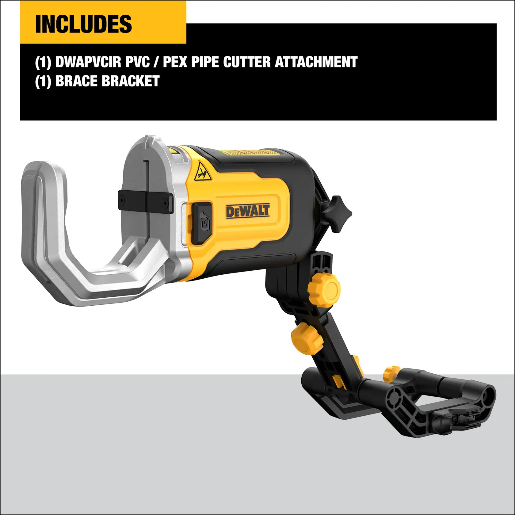 DEWALT PVC/PEX pipe cutter attachment model DWAPVCIR with a brace bracket, shown in yellow and black, designed for cutting pipes. The product is displayed with a section indicating the contents included: one pipe cutter attachment and one brace bracket.