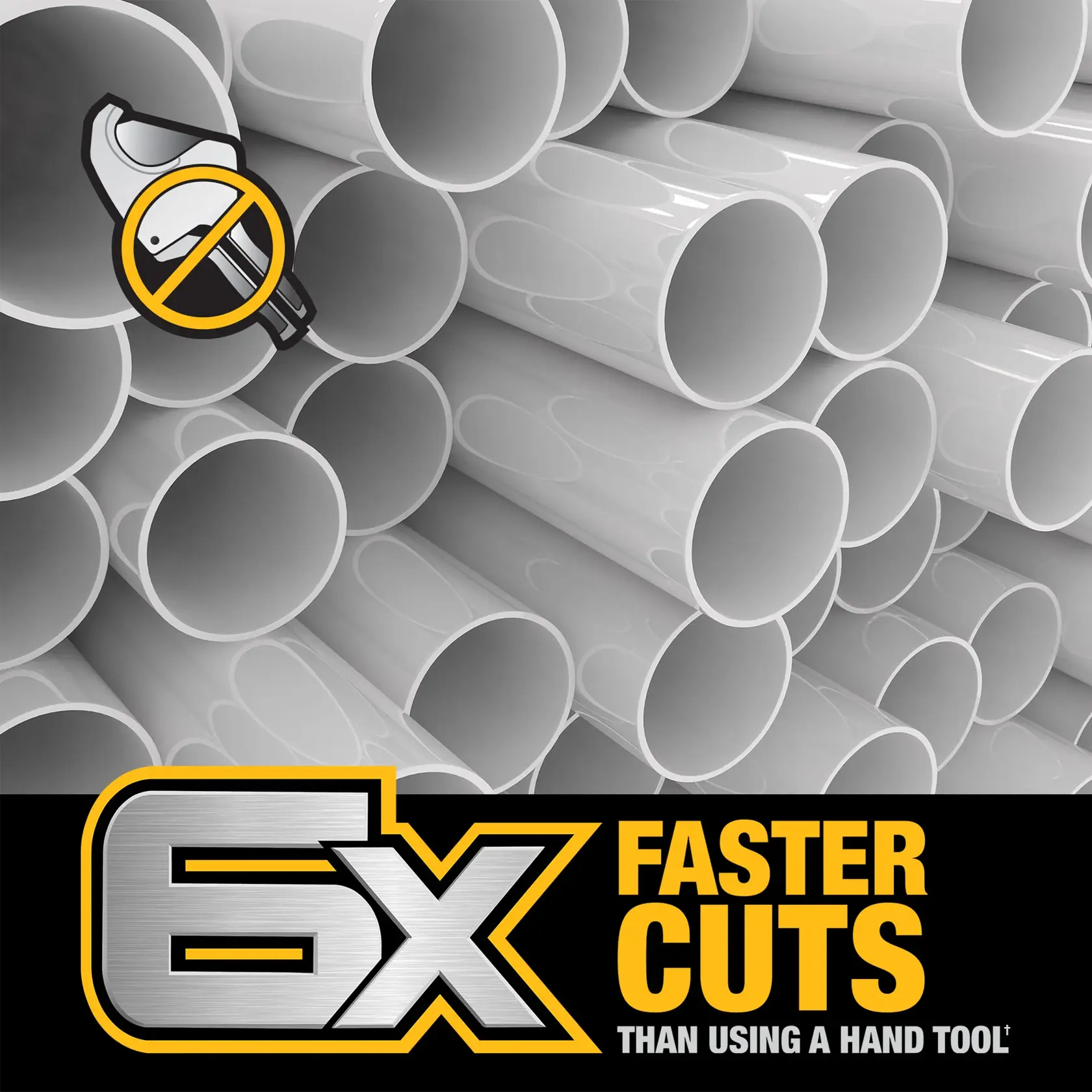 A promotional image showing a stack of white PVC pipes. In the top left corner, there is a crossed-out hand pipe cutter icon, indicating it should not be used. At the bottom, bold text reads '6X Faster Cuts Than Using a Hand Tool', suggesting an alternative cutting method is much faster.