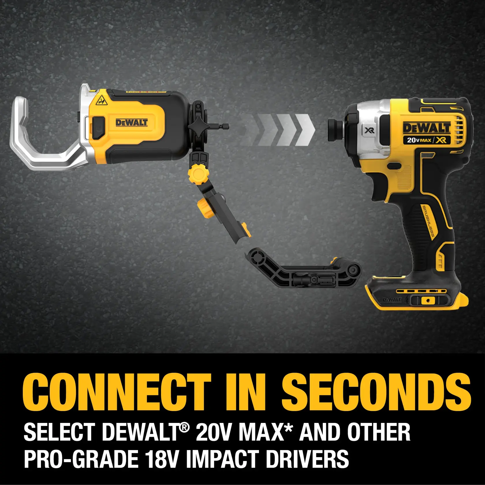 A DEWALT attachment and DEWALT 20V MAX XR impact driver tool are shown connecting together with directional arrows. The image text reads: 'CONNECT IN SECONDS. SELECT DEWALT 20V MAX AND OTHER PRO-GRADE 18V IMPACT DRIVERS.' The product background is a textured dark surface.