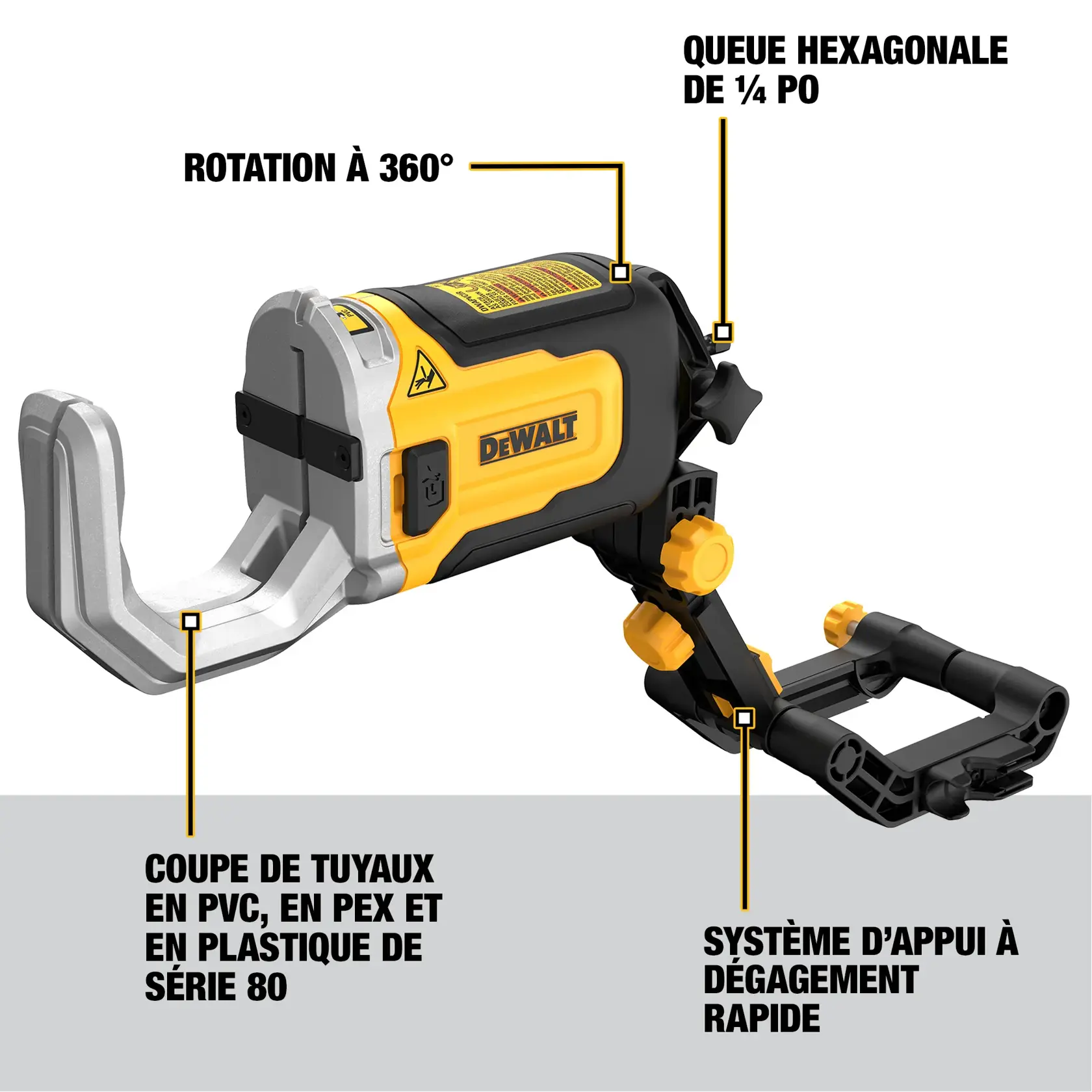 A DEWALT tool featuring a 1/4 inch hex shank, 360-degree swivel, quick-change brace bracket, and a cutting head designed to cut up to schedule 80 PVC, PEX, and plastic conduit. The tool is black and yellow in color and labeled with the DEWALT logo.
