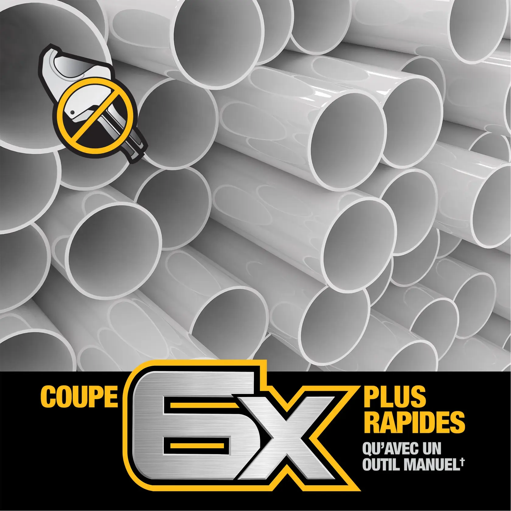 A promotional image showing a stack of white PVC pipes. In the top left corner, there is a crossed-out hand pipe cutter icon, indicating it should not be used. At the bottom, bold text reads '6X Faster Cuts Than Using a Hand Tool', suggesting an alternative cutting method is much faster.