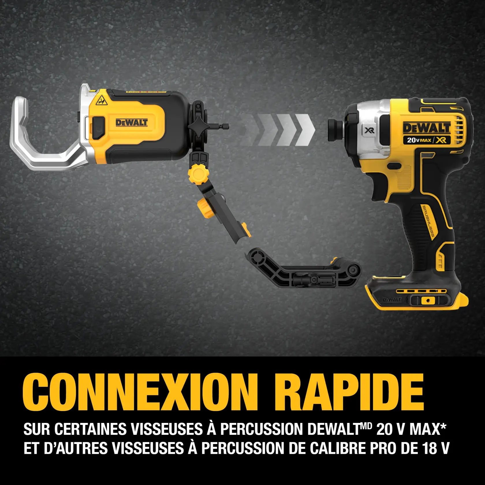 A DEWALT attachment and DEWALT 20V MAX XR impact driver tool are shown connecting together with directional arrows. The image text reads: 'CONNECT IN SECONDS. SELECT DEWALT 20V MAX AND OTHER PRO-GRADE 18V IMPACT DRIVERS.' The product background is a textured dark surface.