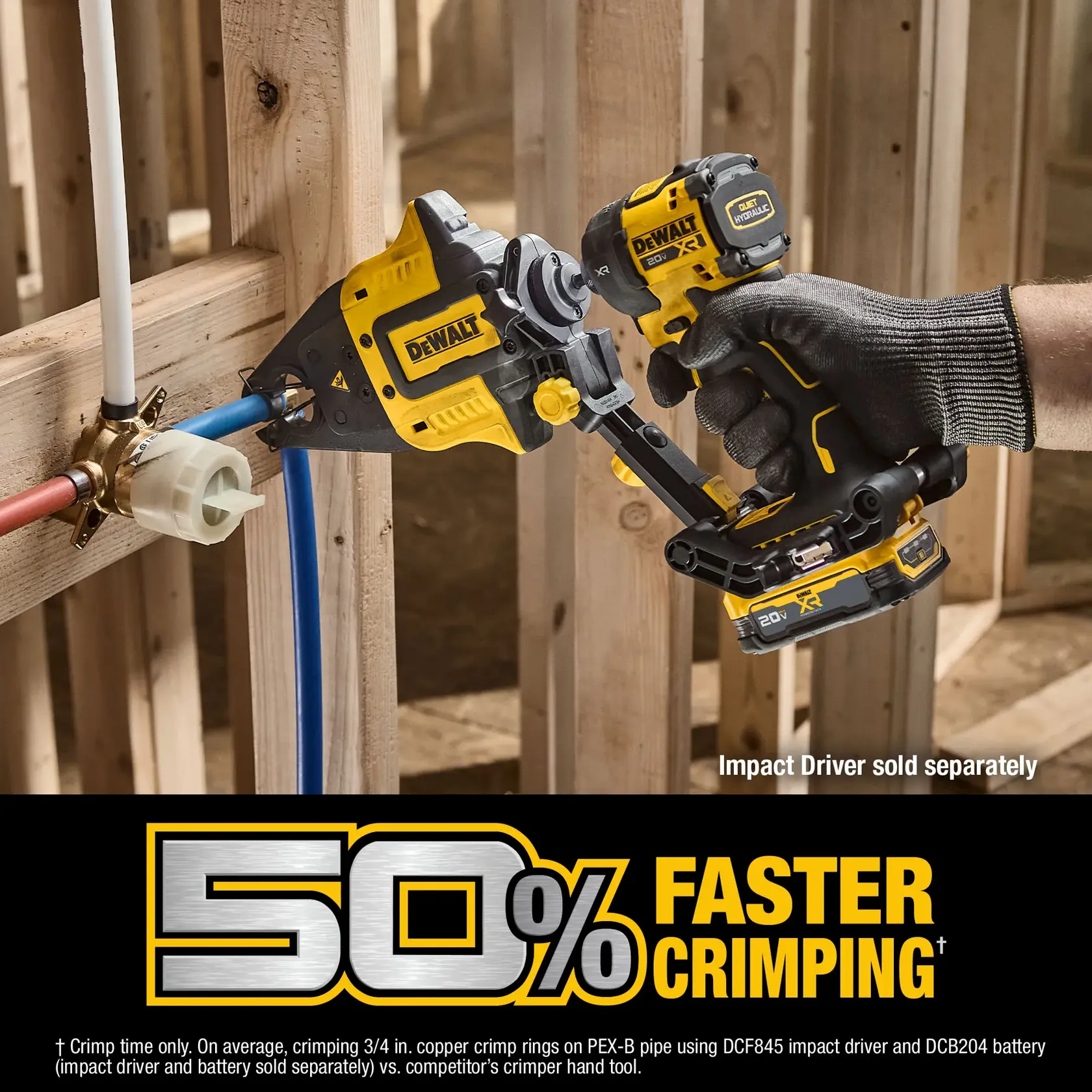 A DEWALT crimping tool is being used with an impact driver to crimp a pipe connection in a wooden frame construction. The image highlights that the impact driver is sold separately and promotes '50% faster crimping'.