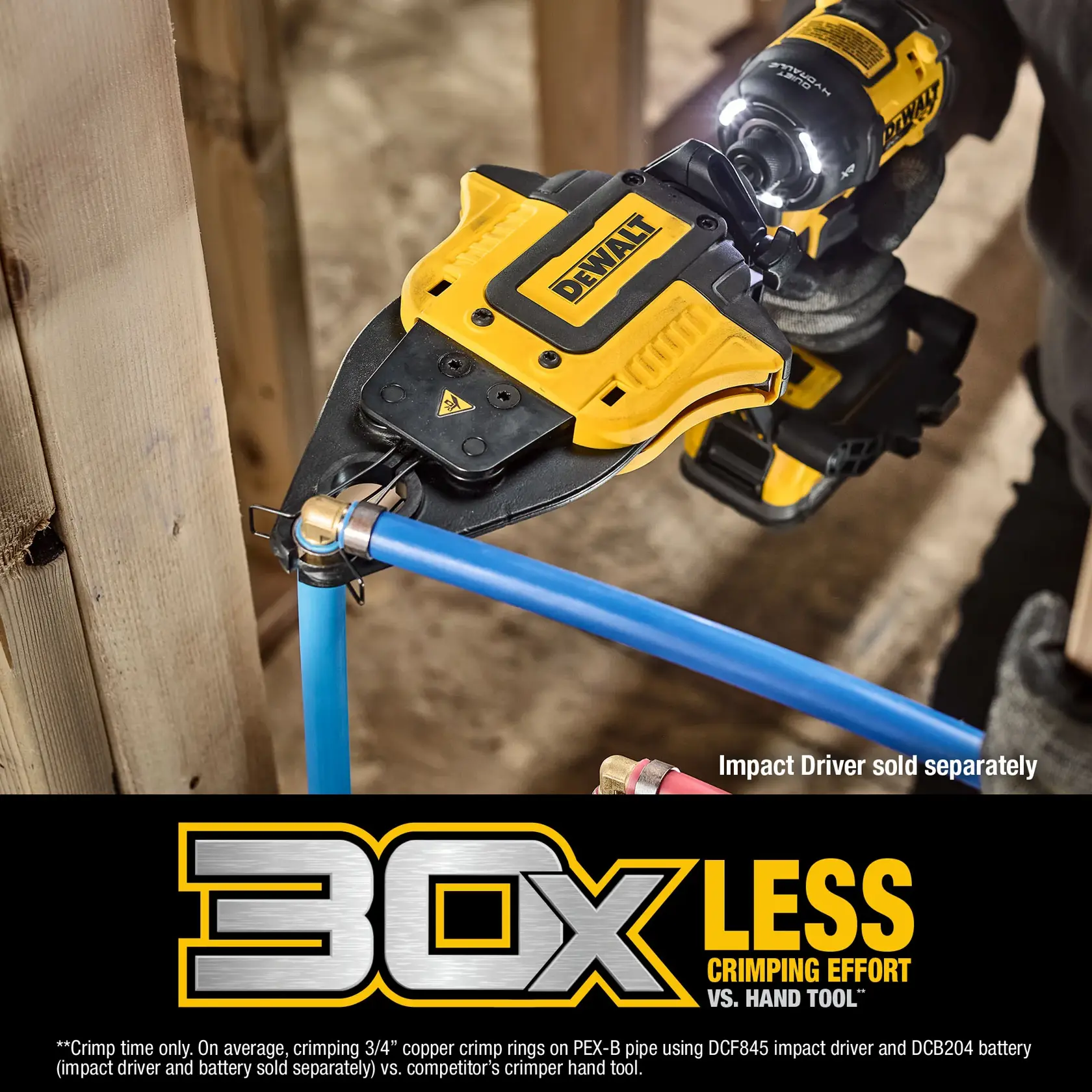 A DEWALT crimping attachment is connected to an impact driver, crimping a copper ring onto a blue PEX pipe. The impact driver is being operated by a gloved hand, and the image text highlights that the impact driver is sold separately and that the tool delivers 30 times less crimping effort compared to using a hand tool.