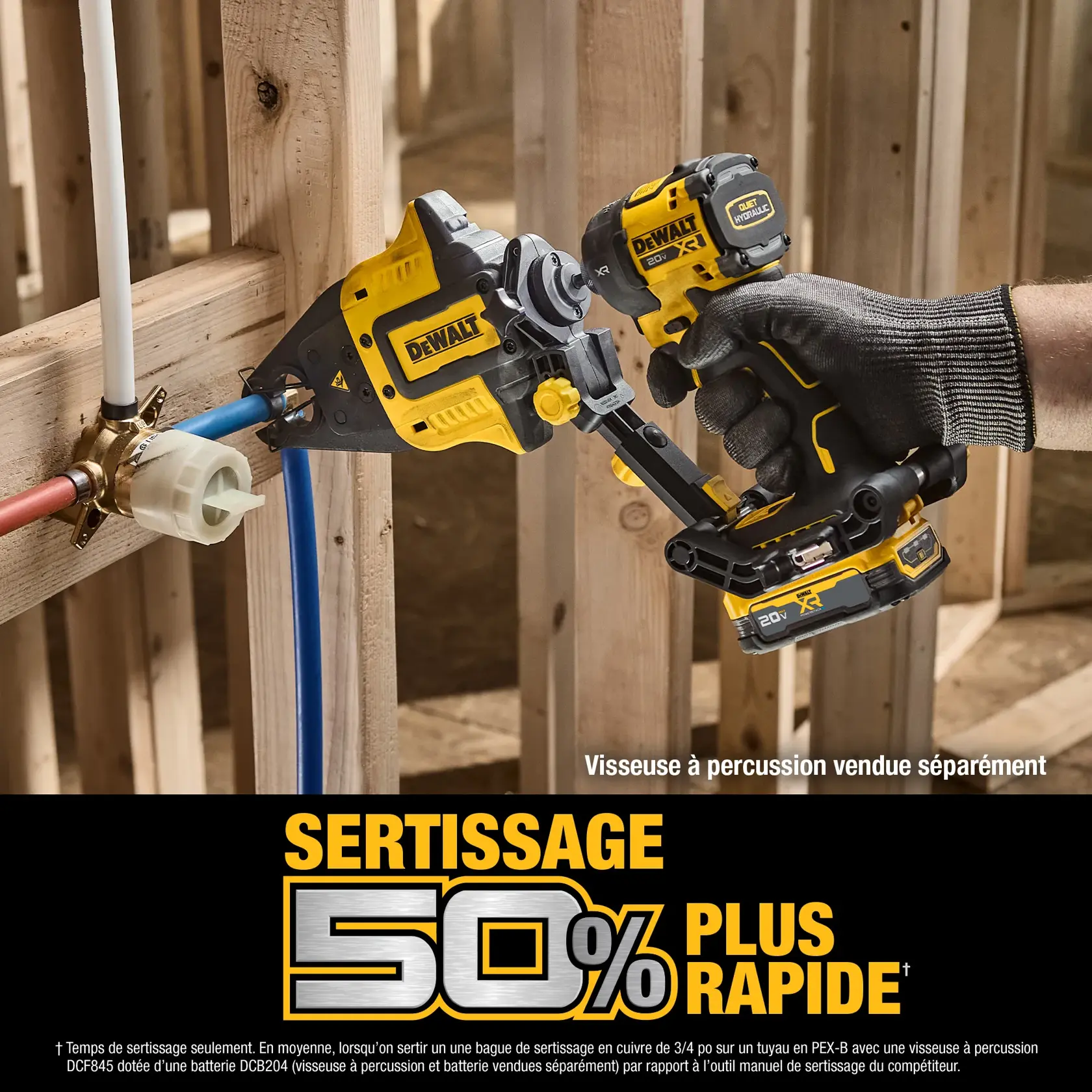 A DEWALT crimping attachment is connected to an impact driver, crimping a copper ring onto a blue PEX pipe. The impact driver is being operated by a gloved hand, and the image text highlights that the impact driver is sold separately and that the tool delivers 30 times less crimping effort compared to using a hand tool.
