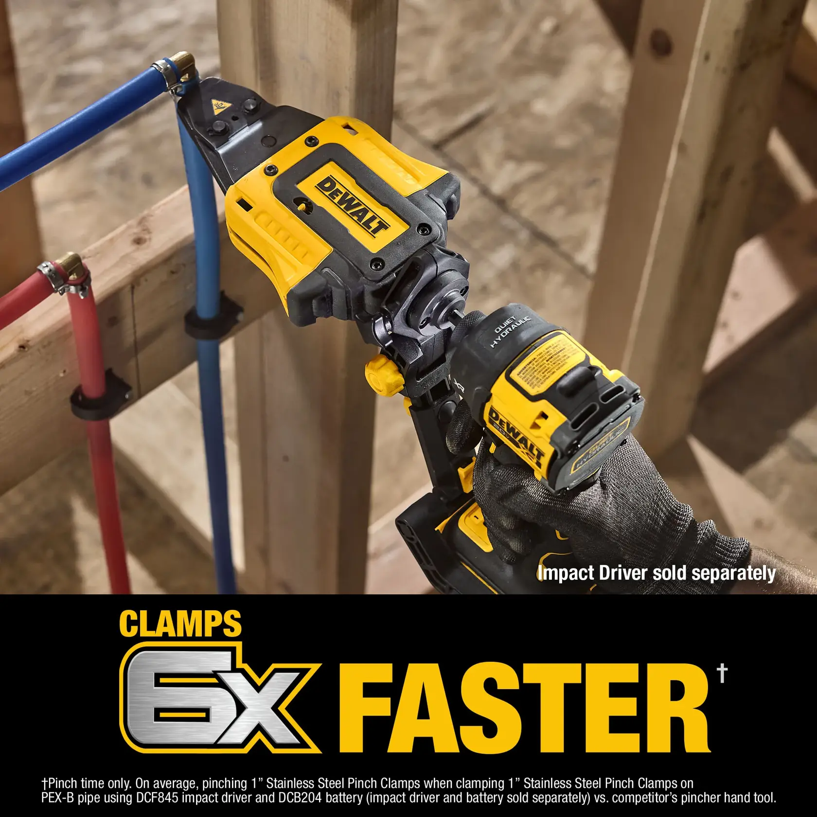 A DEWALT clamp tool is being used on a blue pipe attached to a wooden frame. The tool is operated with a DEWALT impact driver, and the text emphasizes that it clamps six times faster. A note below states that the impact driver is sold separately.