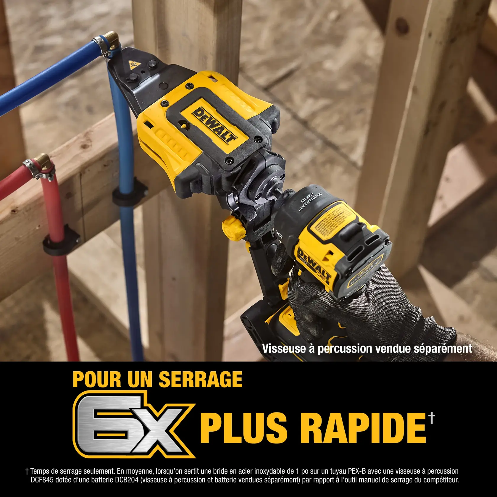 A person wearing black work gloves is connecting a DEWALT 20V MAX tool attachment to a DEWALT impact driver. The tools are yellow and black, and the background shows wooden framing at a construction site. Text on the image highlights compatibility with 20V MAX and select 18V pro-grade impact drivers, stating 'Impact Driver sold separately' and 'Connect in Seconds.'