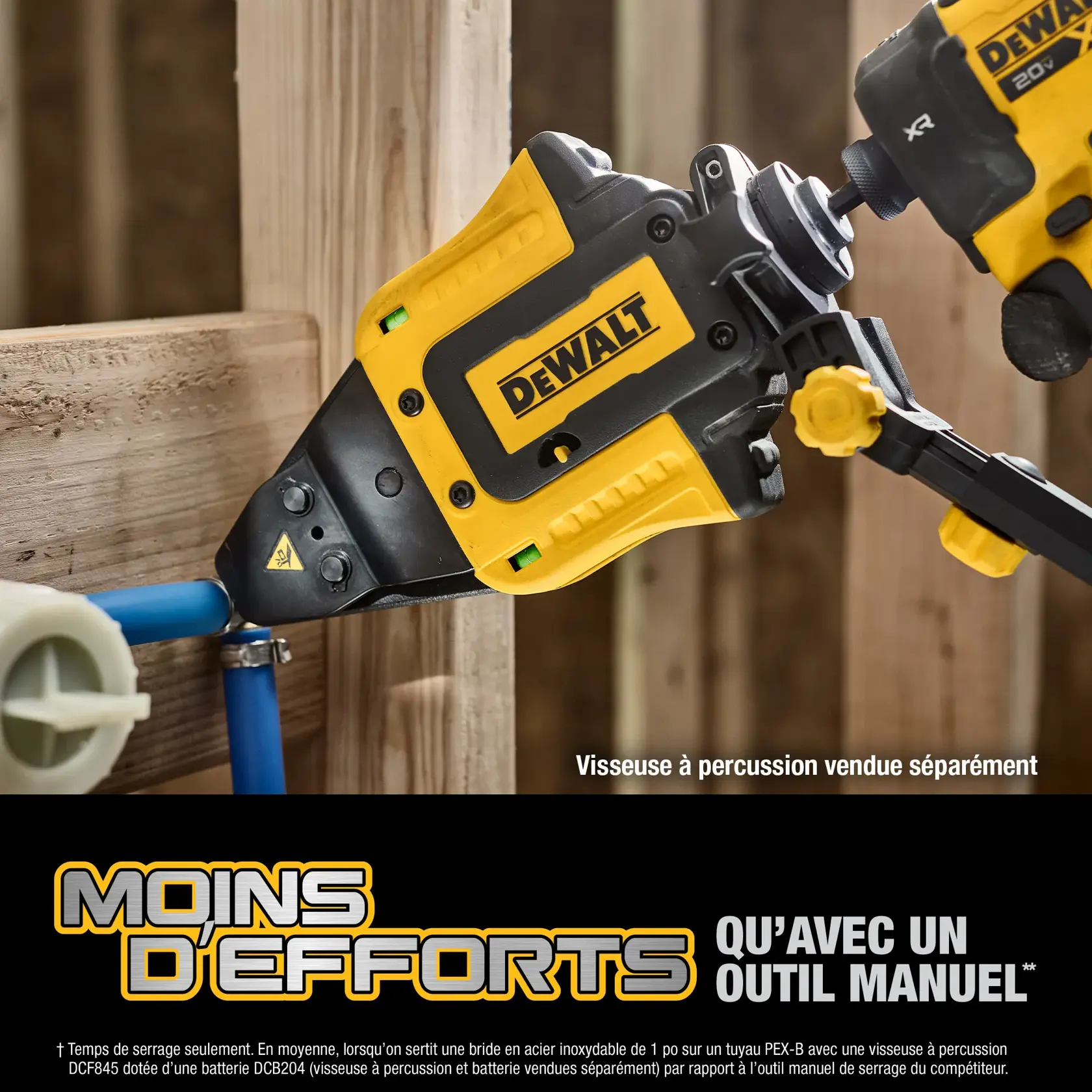 A DEWALT power tool being used to crimp a fitting onto a blue pipe in a construction setting, with gloves and wooden framing visible.