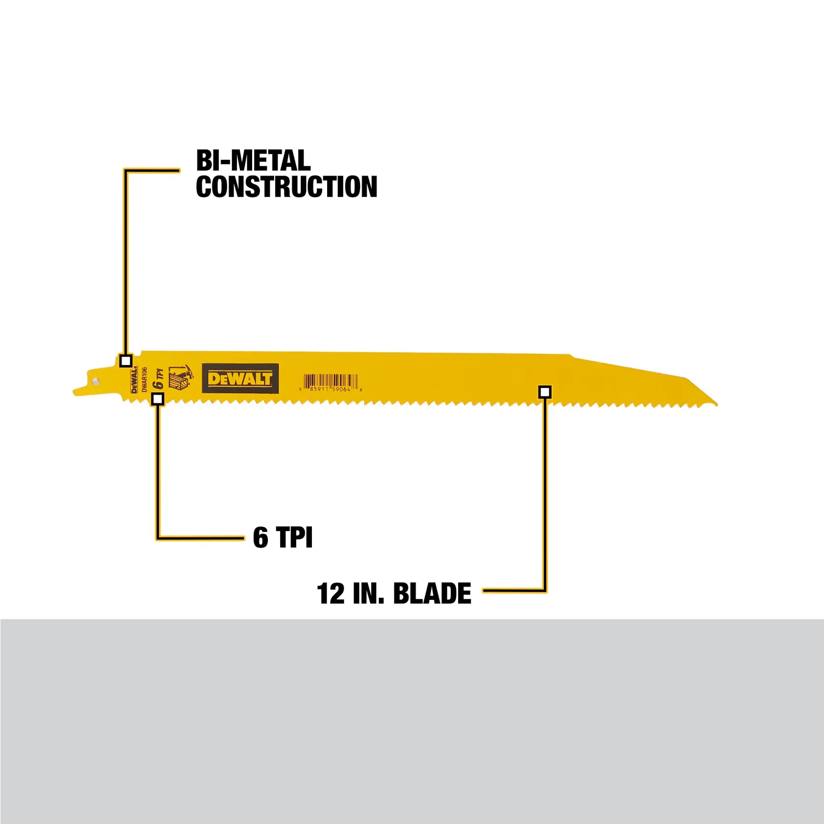 DEWALT reciprocating saw blade, yellow, featuring bi-metal construction, 12-inch length, and 6 TPI (teeth per inch).