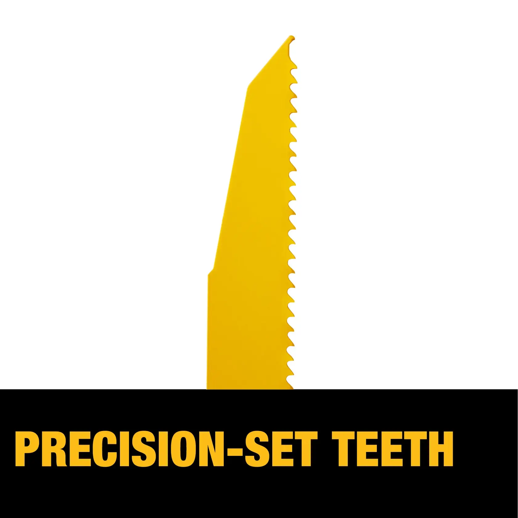 Close-up view of a yellow saw blade with precision-set teeth, with bold text 'PRECISION-SET TEETH' displayed below.