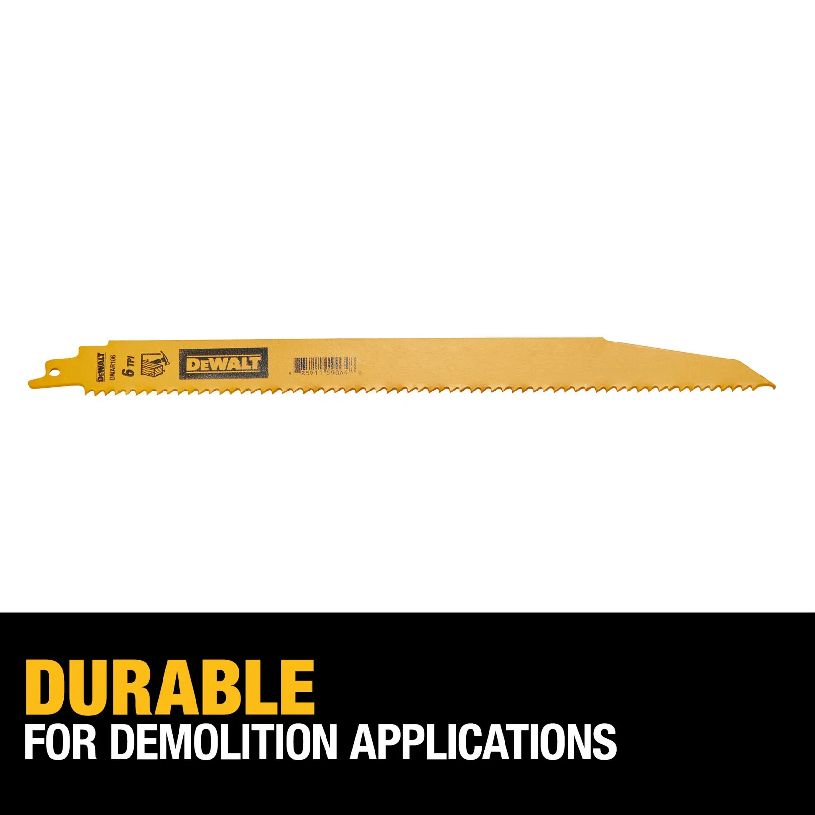 DEWALT demolition saw blade, yellow in color, displayed above text that reads 'Durable for demolition applications'.