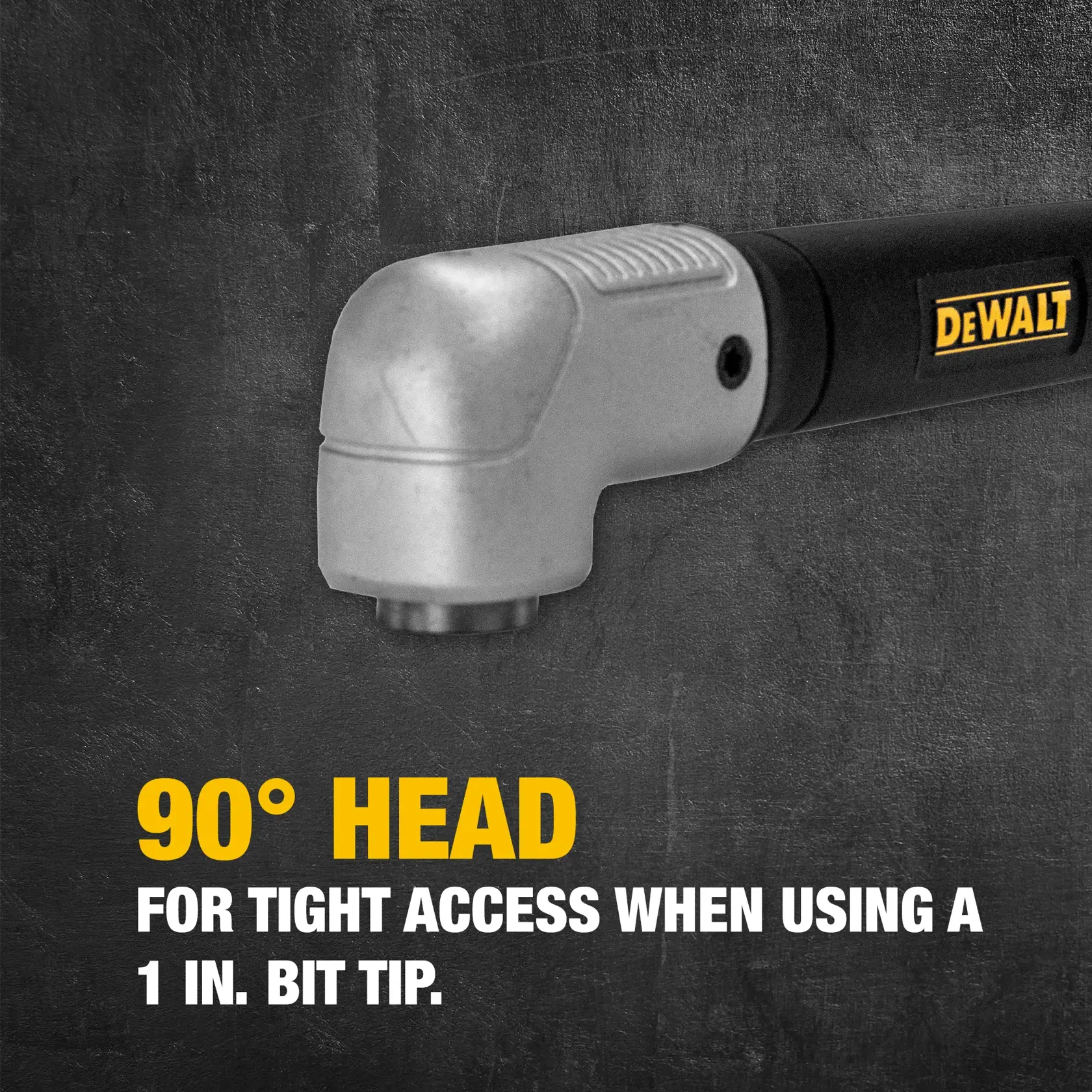 DEWALT DWARA120 right angle attachment tool with a 90-degree head, designed for tight access when using a 1-inch bit tip. The tool is shown against a dark background, with brand logo and descriptive text displayed.