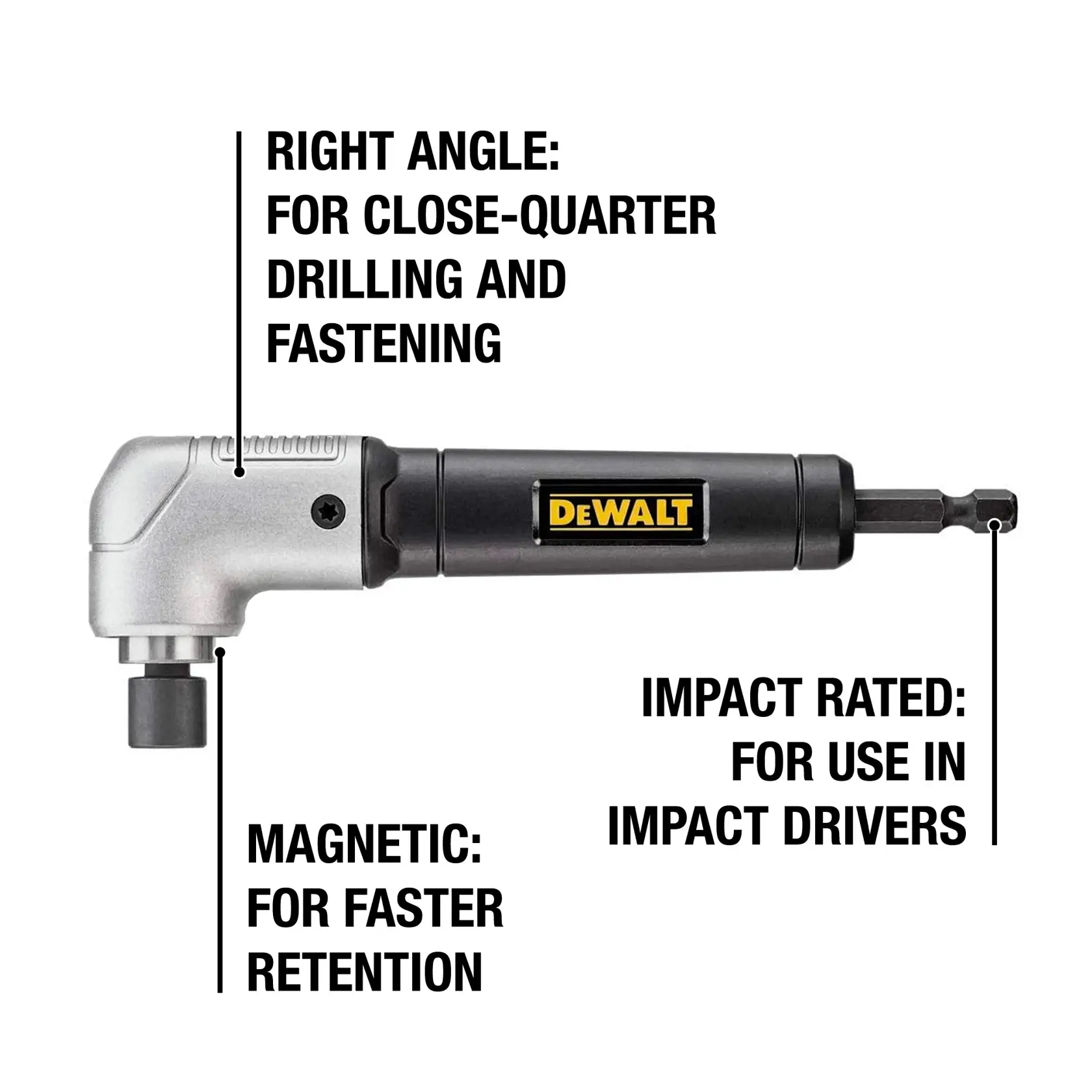 A DEWALT right angle drill attachment with labeled features: right angle design for close-quarter drilling and fastening, magnetic tip for faster retention, and impact rated for use in impact drivers.